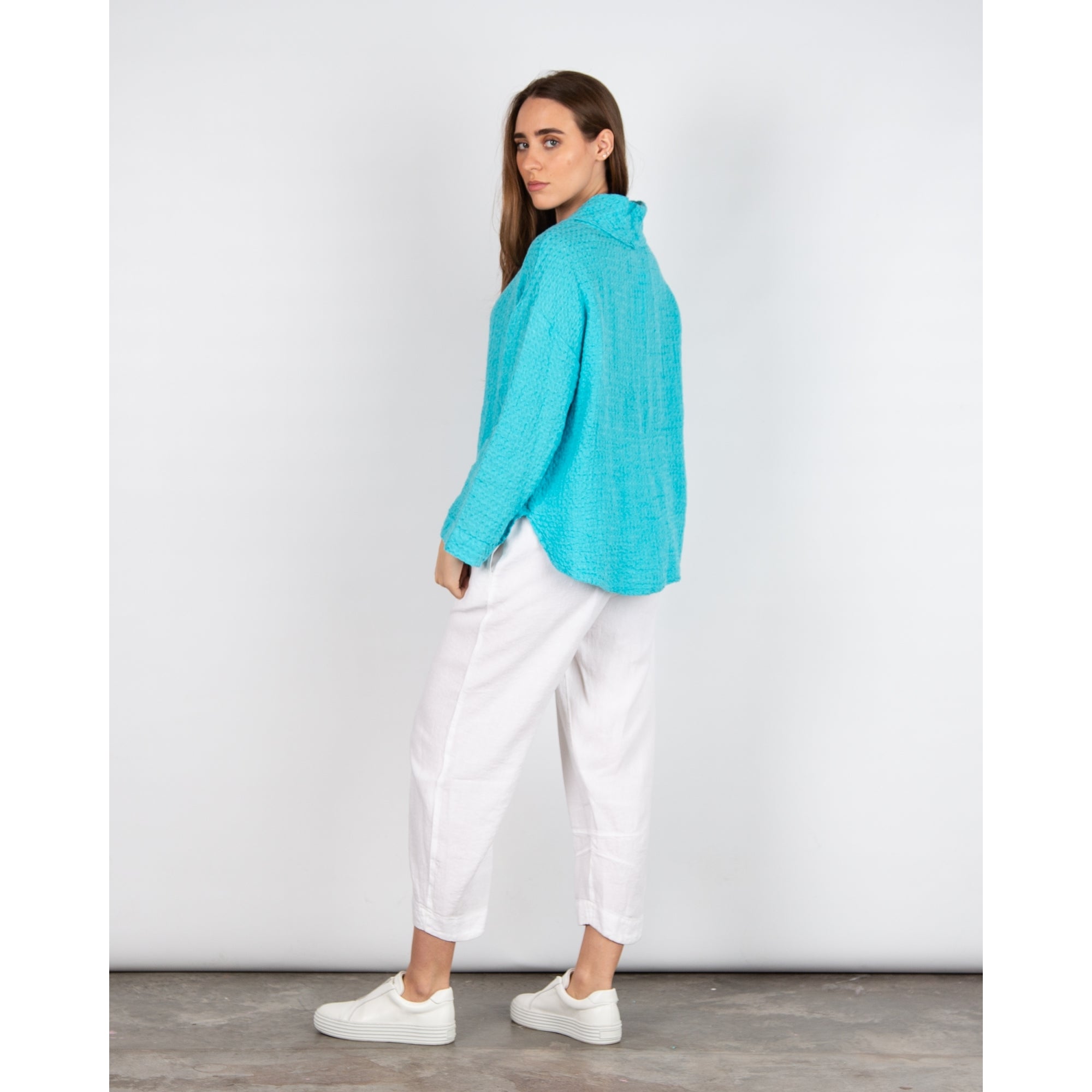 Sahara Waffle Linen Cowl Neck Top Turquoise