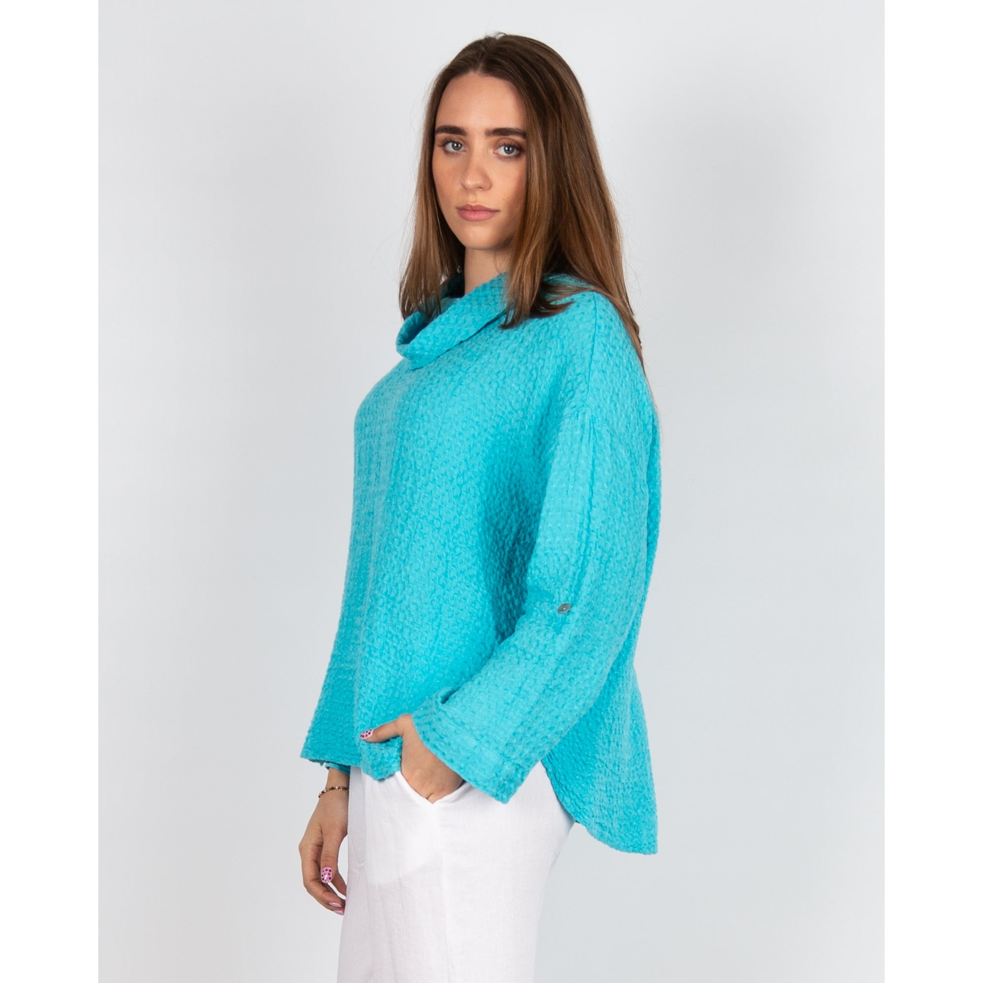 Sahara Waffle Linen Cowl Neck Top Turquoise