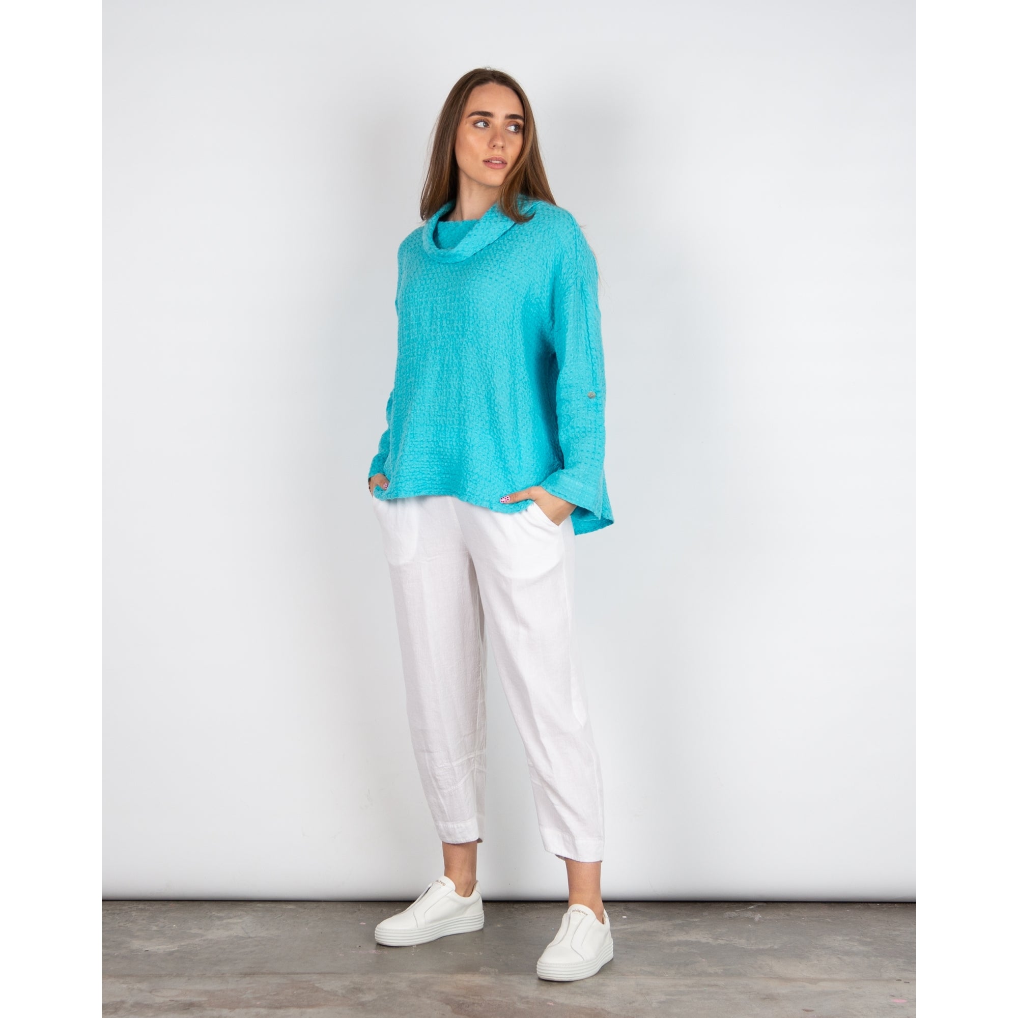 Sahara Waffle Linen Cowl Neck Top Turquoise