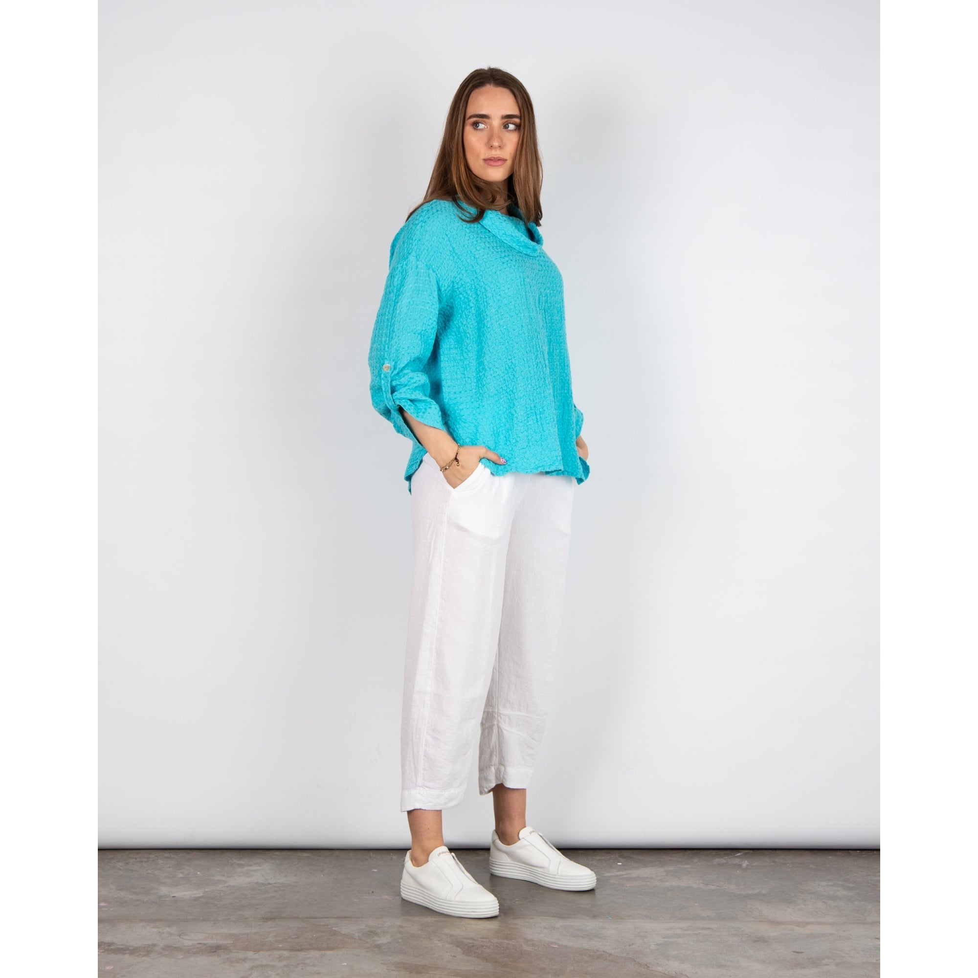 Sahara Waffle Linen Cowl Neck Top Turquoise