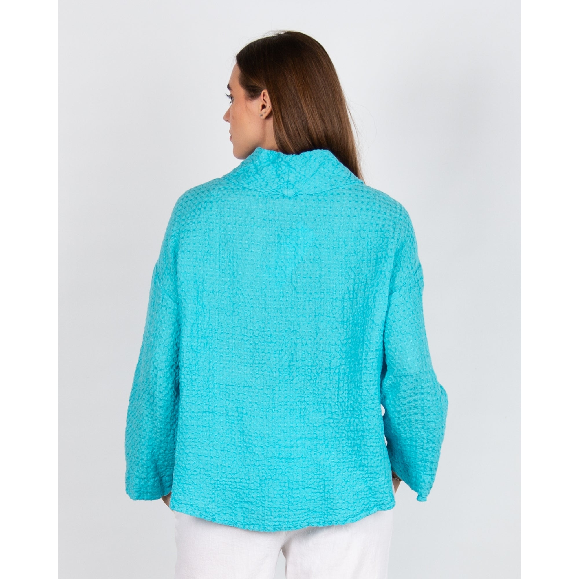 Sahara Waffle Linen Cowl Neck Top Turquoise