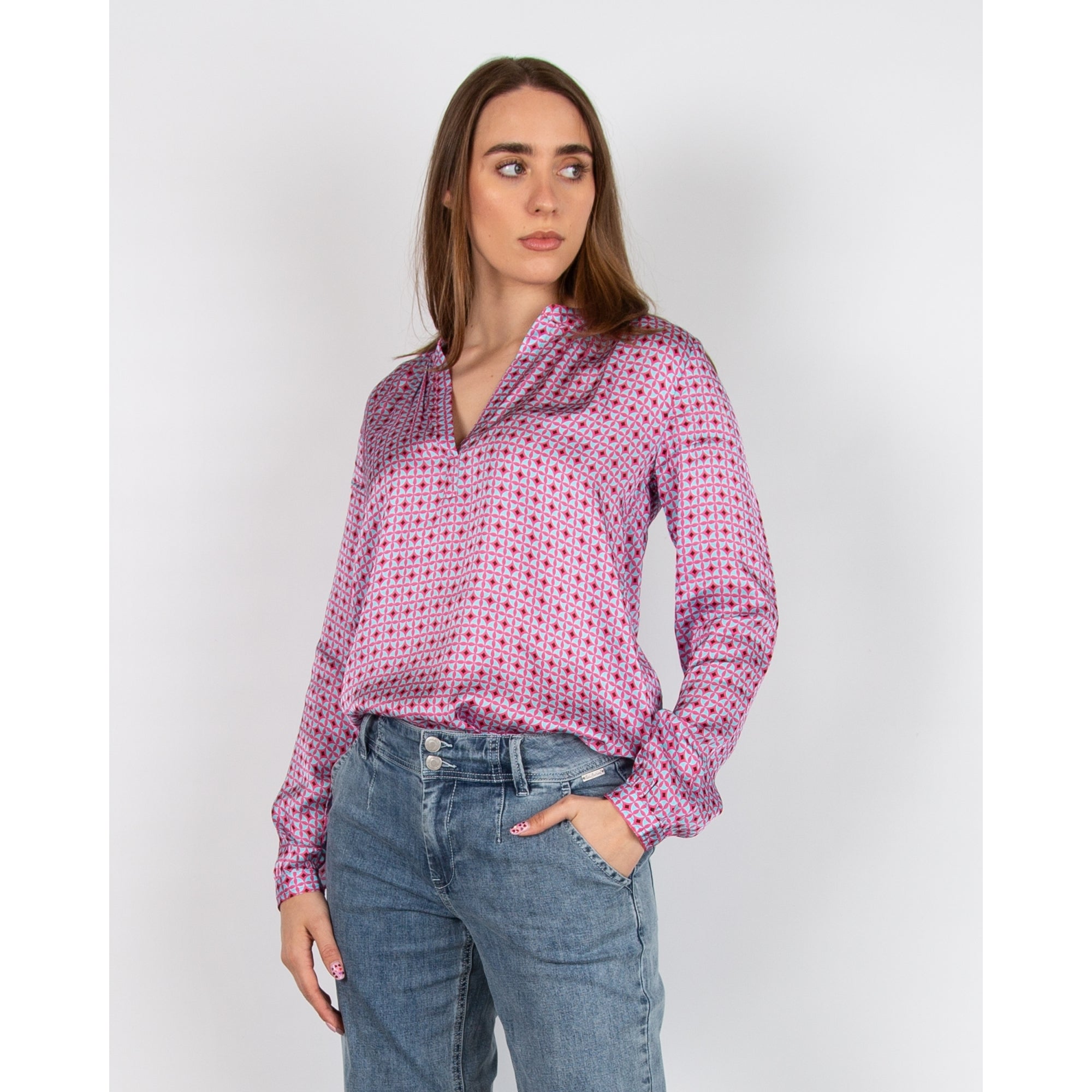 Primrose Park Sandy Abstract Print Collarless Split Neck Blouse Tile Pink/blue