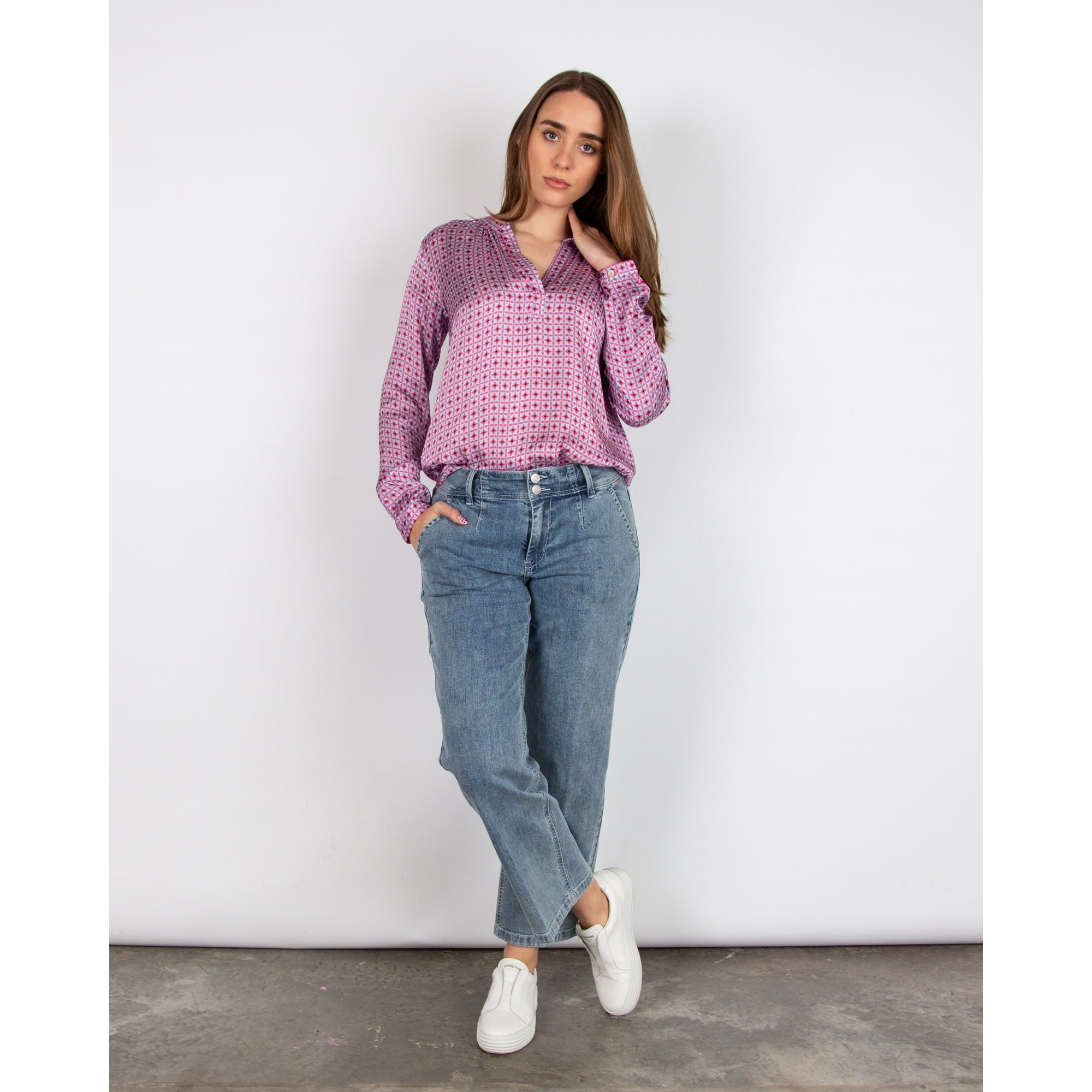 Primrose Park Sandy Abstract Print Collarless Split Neck Blouse Tile Pink/blue