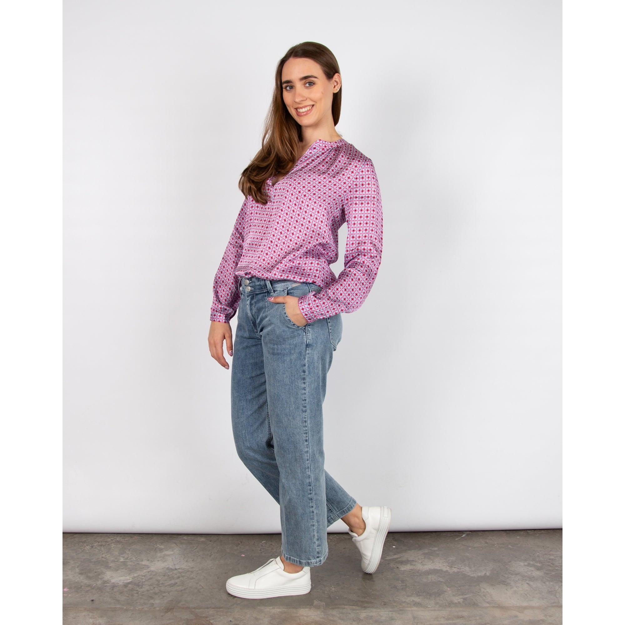 Primrose Park Sandy Abstract Print Collarless Split Neck Blouse Tile Pink/blue