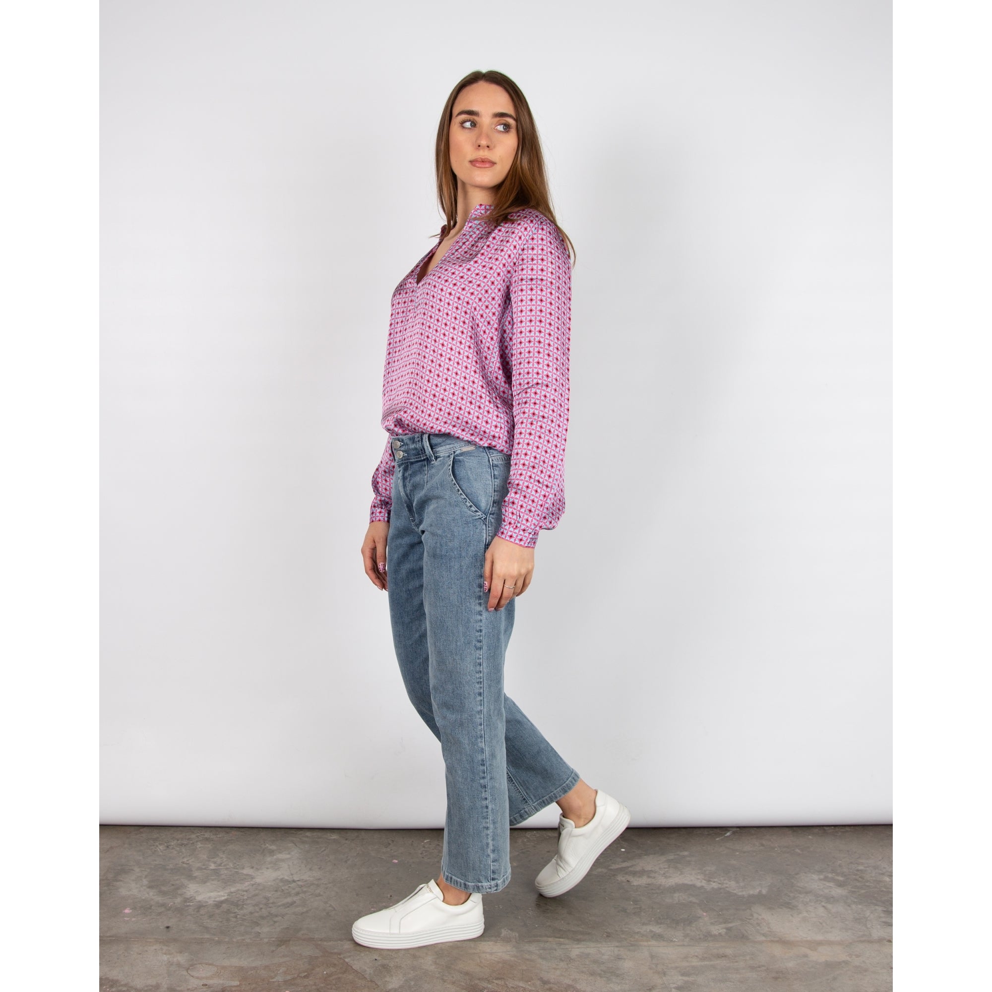 Primrose Park Sandy Abstract Print Collarless Split Neck Blouse Tile Pink/blue