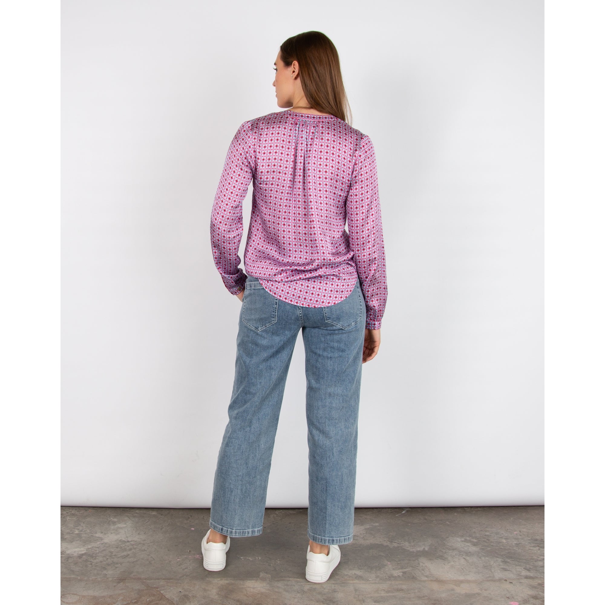 Primrose Park Sandy Abstract Print Collarless Split Neck Blouse Tile Pink/blue