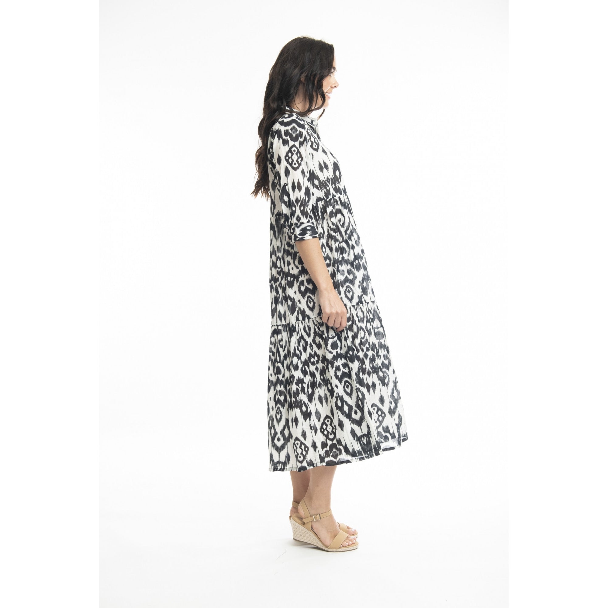 Orientique Izmir Ikat Print Button Down Tiered Shirt Dress Black/white