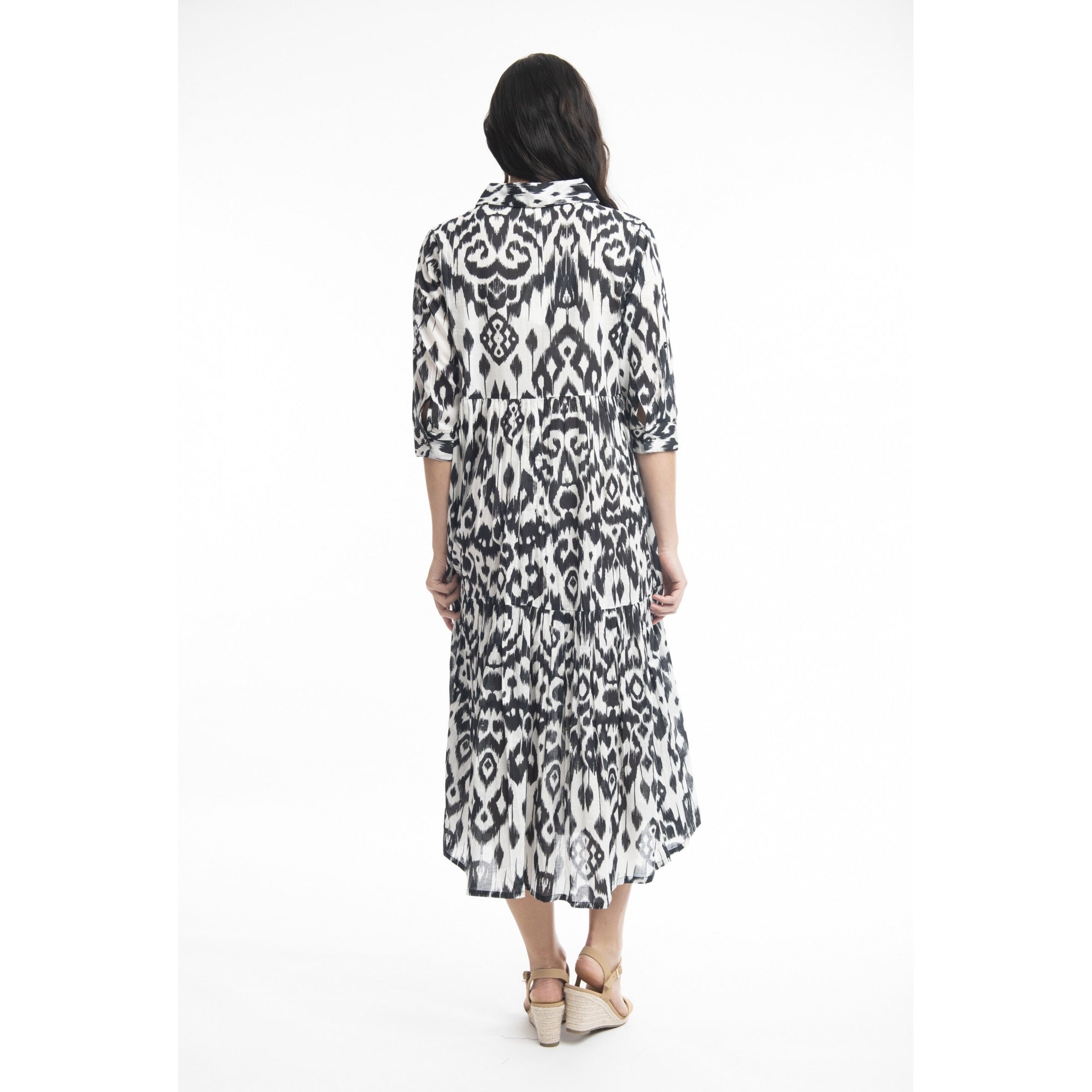 Orientique Izmir Ikat Print Button Down Tiered Shirt Dress Black/white