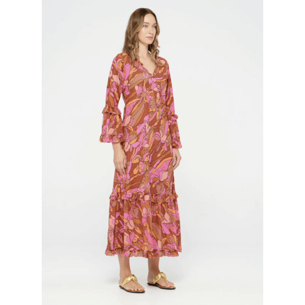 One Season Long Indi Abstract Print Frill Hem Flute Sleeve Dress Istria Pink