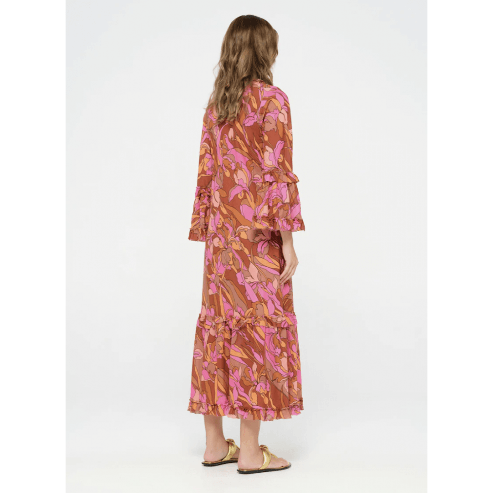 One Season Long Indi Abstract Print Frill Hem Flute Sleeve Dress Istria Pink