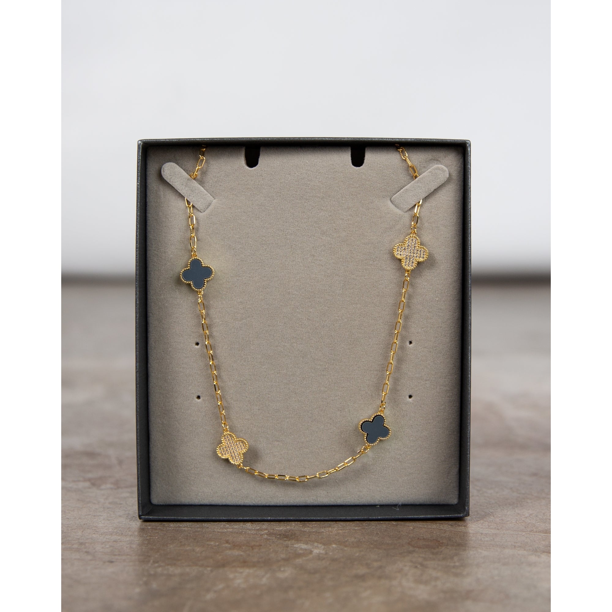 Park Lane Long Clover Diamonte Necklace Black/gold