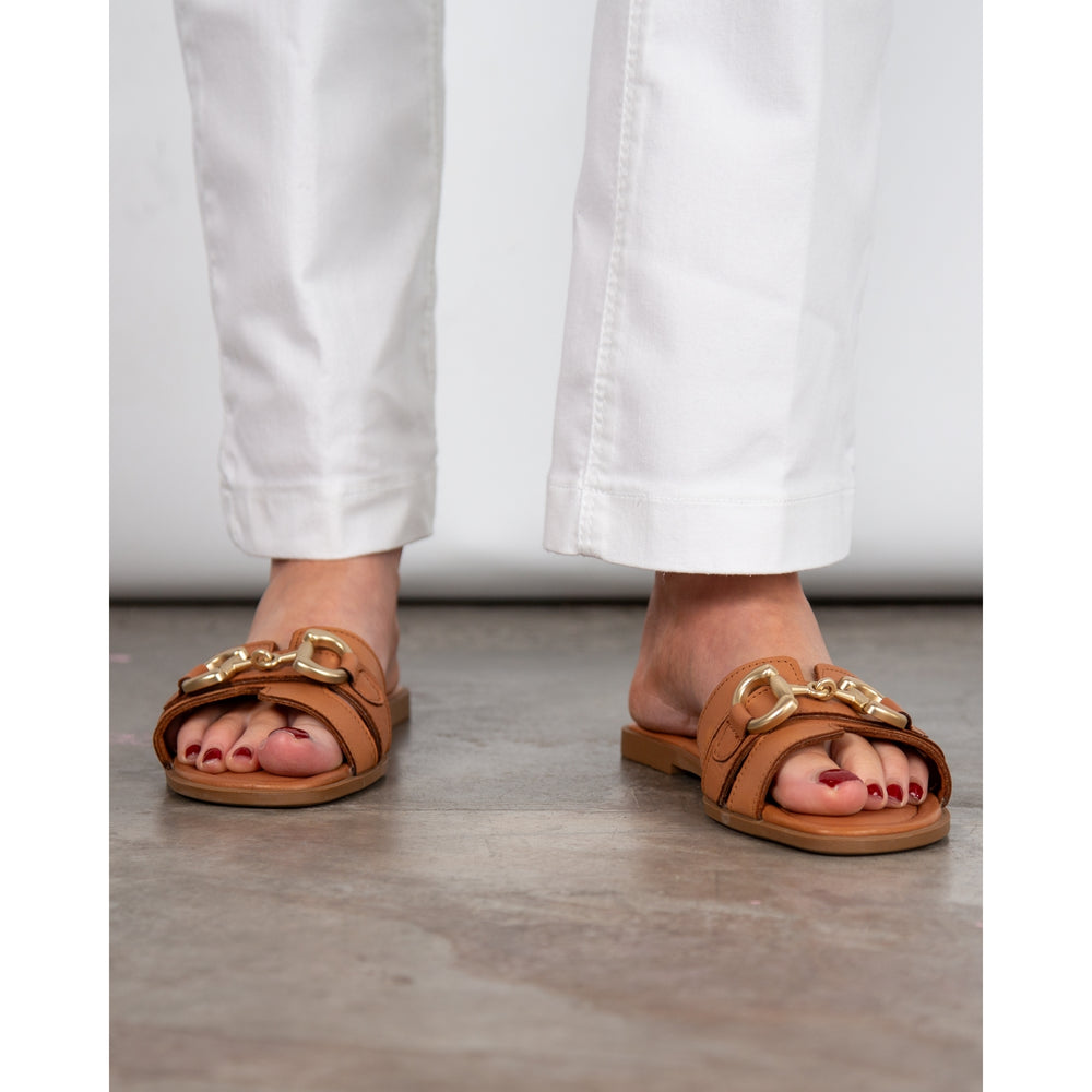Carmela Slip On Flat Sliders With Horse Bit Buckle Camel
