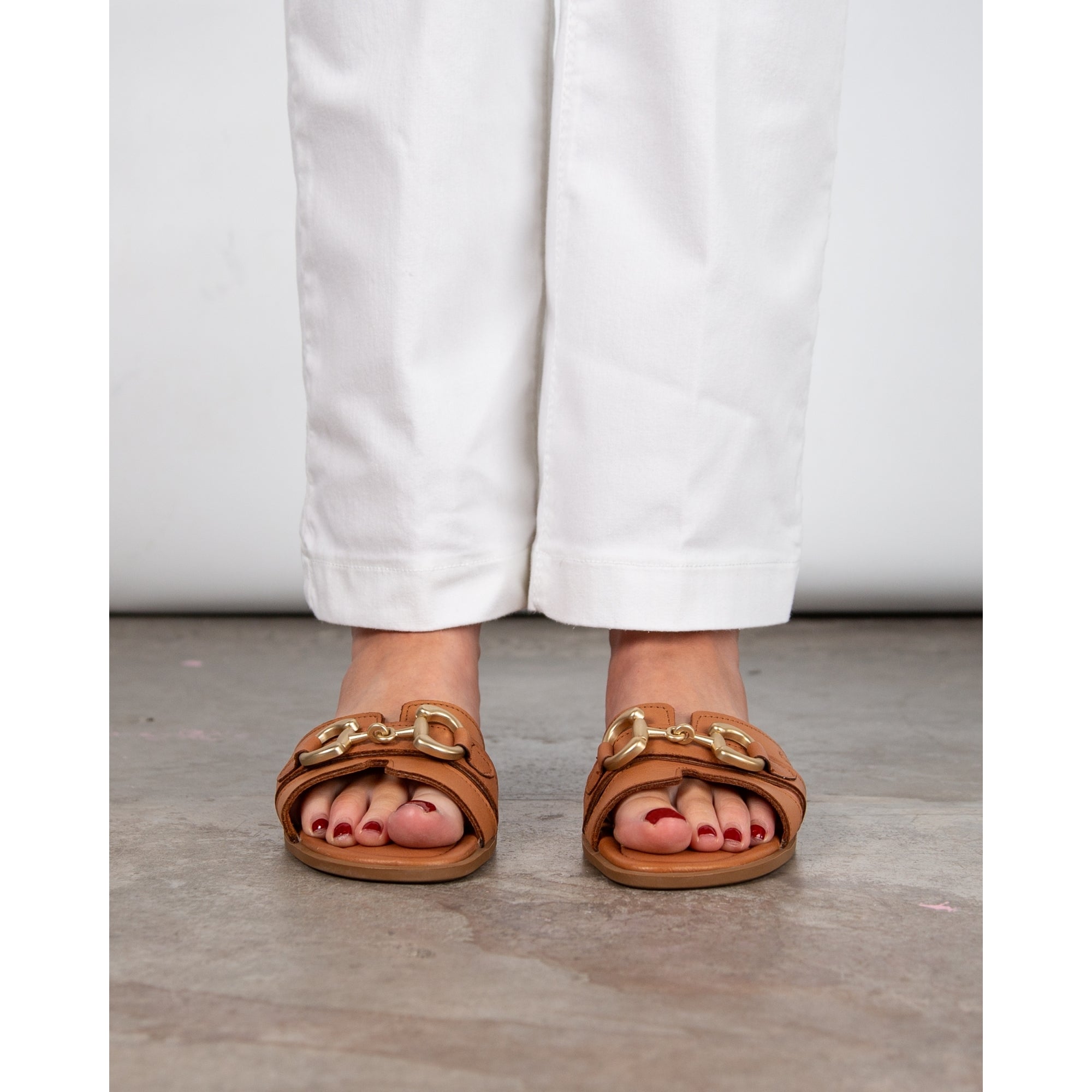 Carmela Slip On Flat Sliders With Horse Bit Buckle Camel