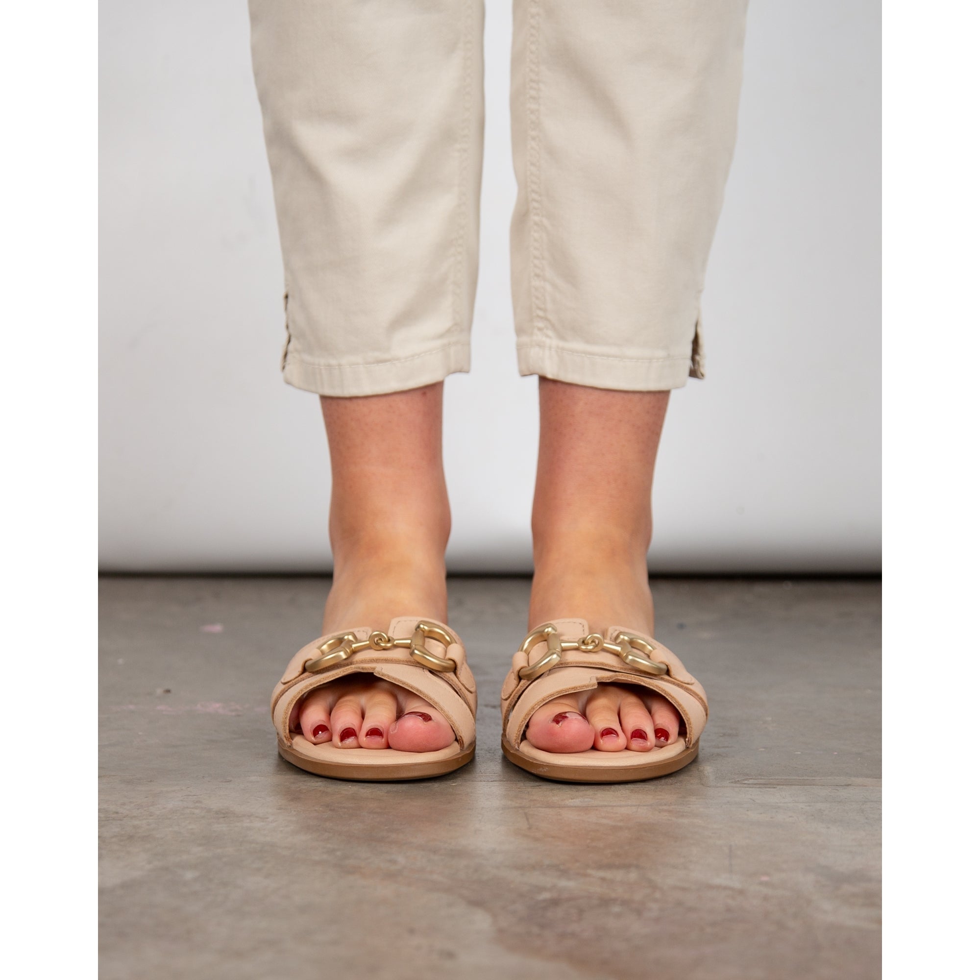Carmela Slip On Flat Sliders With Horse Bit Buckle Nude