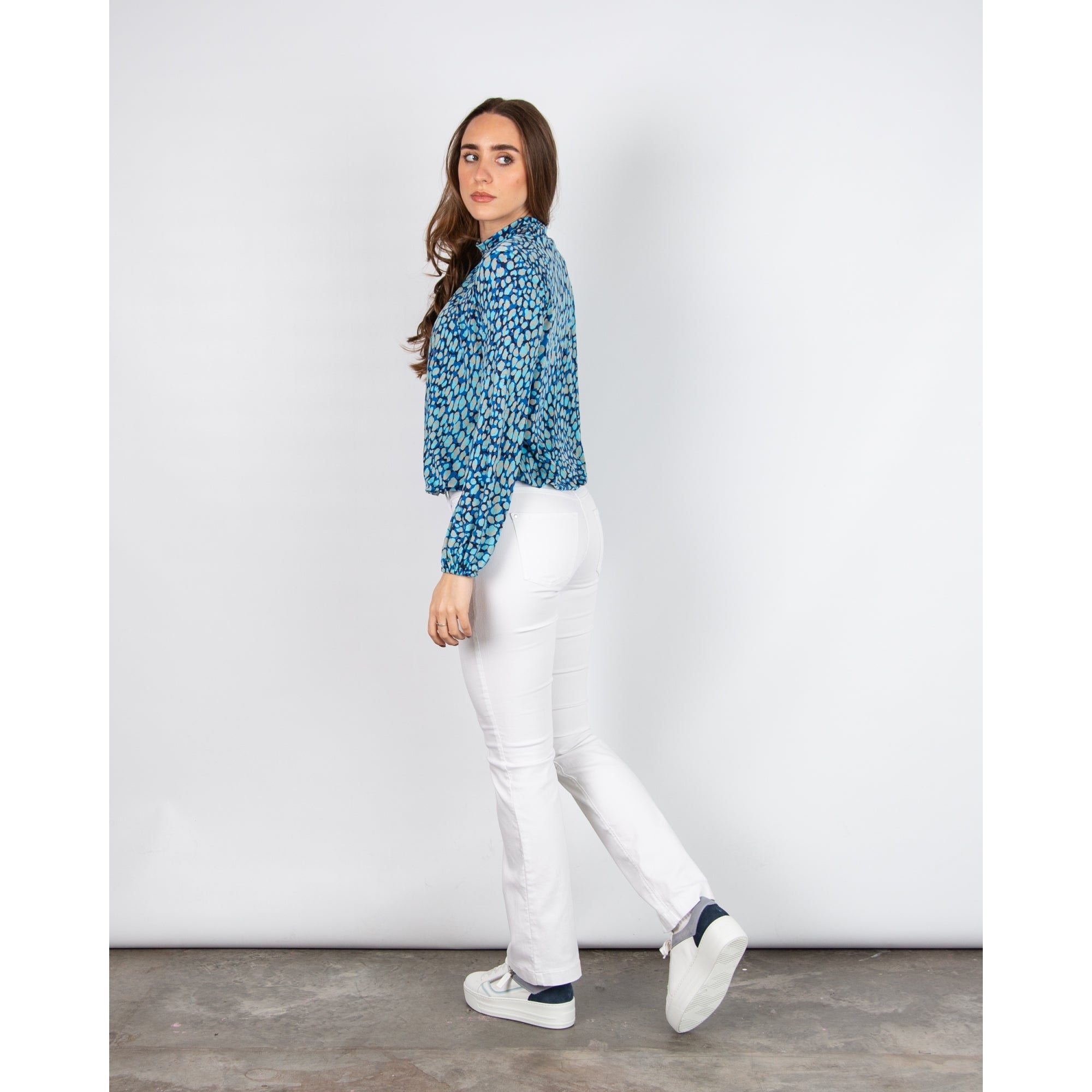 Onjenu Amber Polo Ruched Neck Pebble Print Jersey Top Medsea Blue