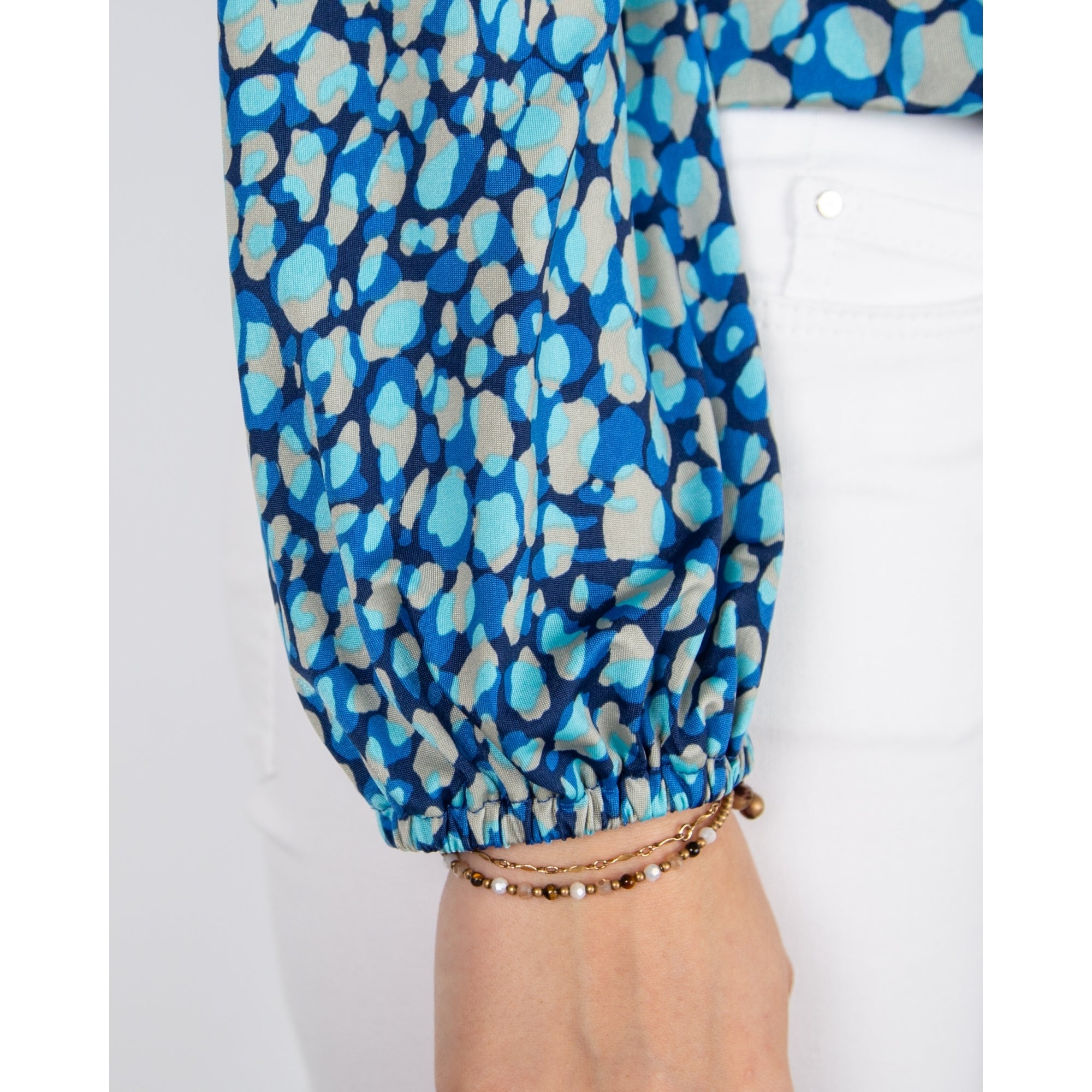 Onjenu Amber Polo Ruched Neck Pebble Print Jersey Top Medsea Blue