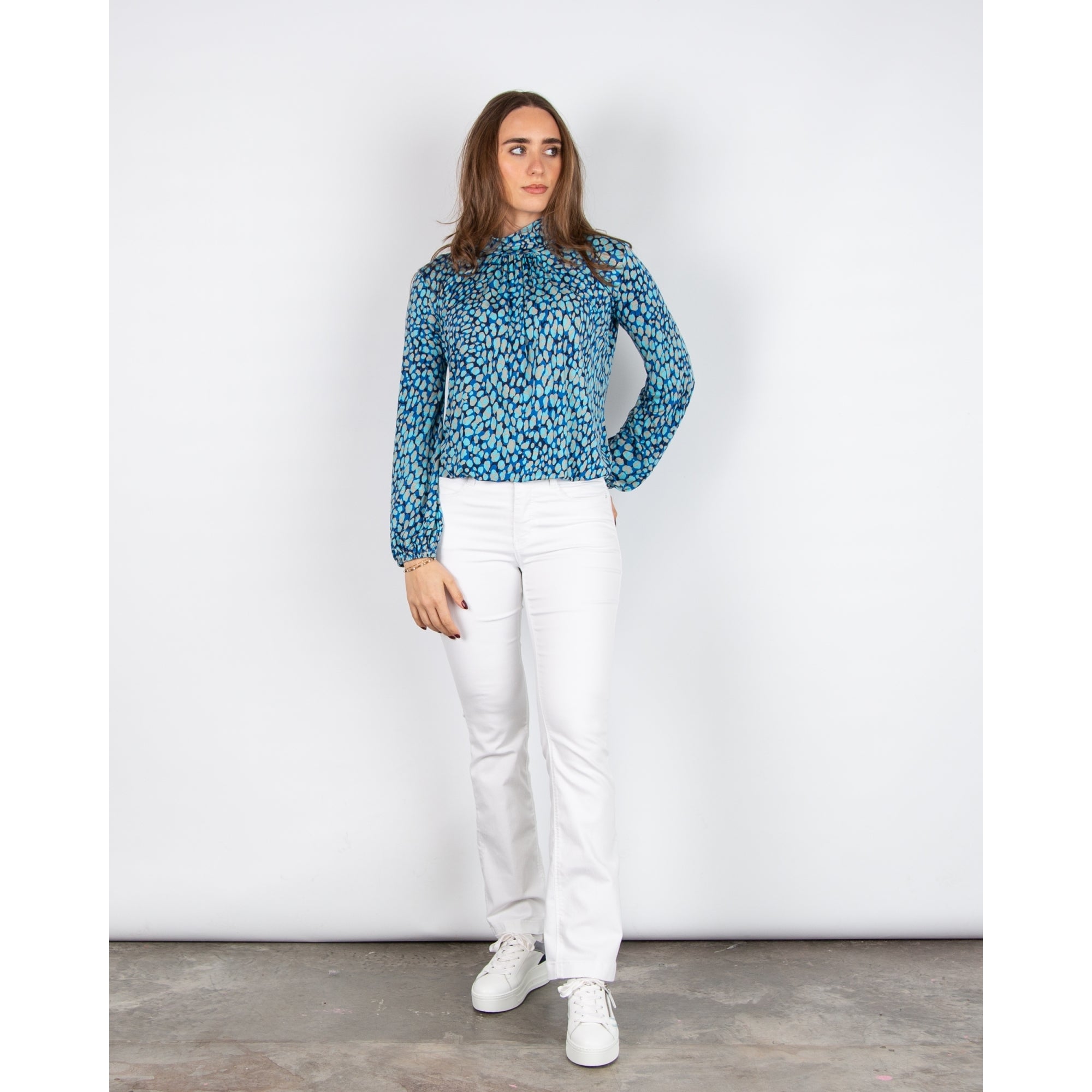 Onjenu Amber Polo Ruched Neck Pebble Print Jersey Top Medsea Blue