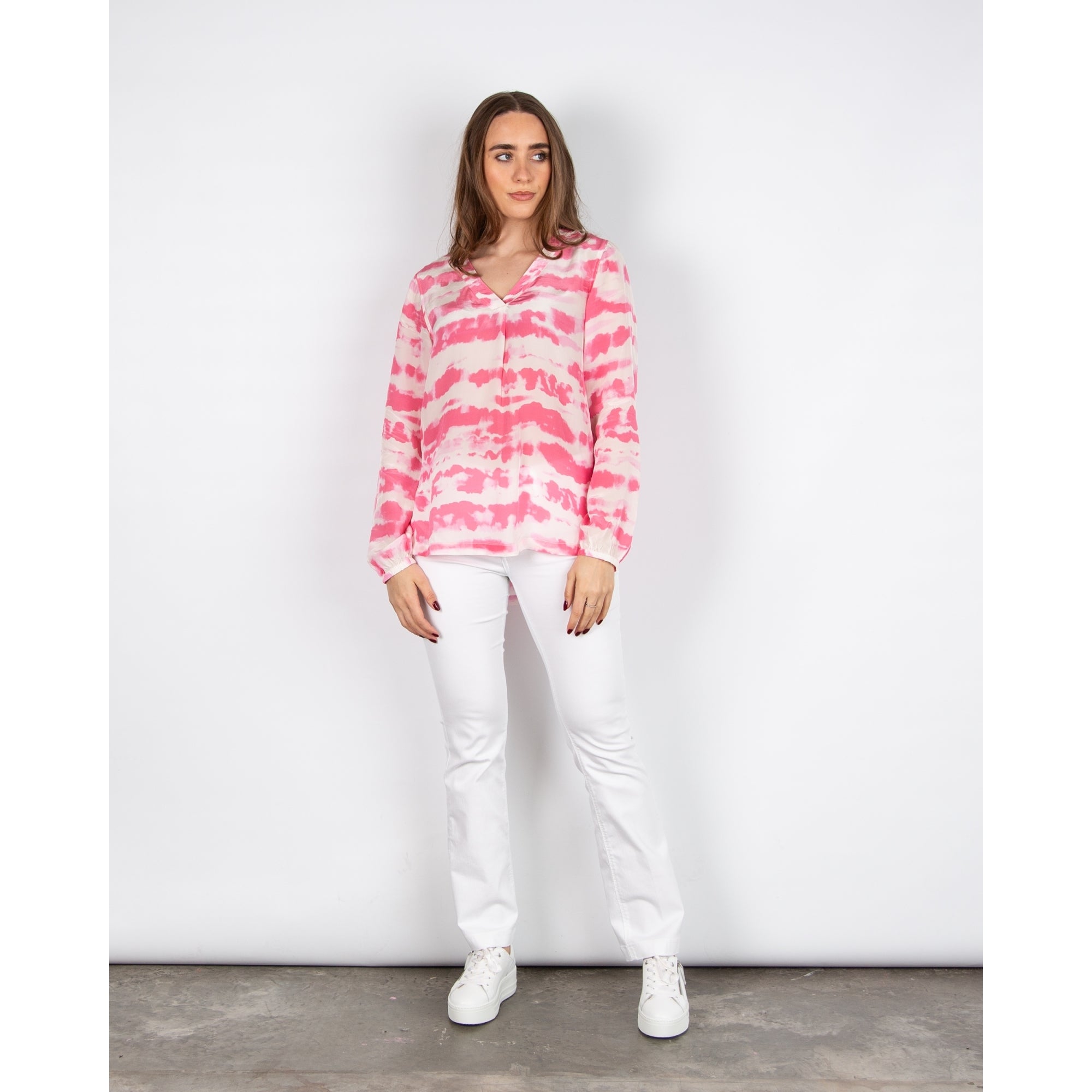 Moliin Beatrix V Neck Cloud Print Long Sleeve Blouse Pink/white