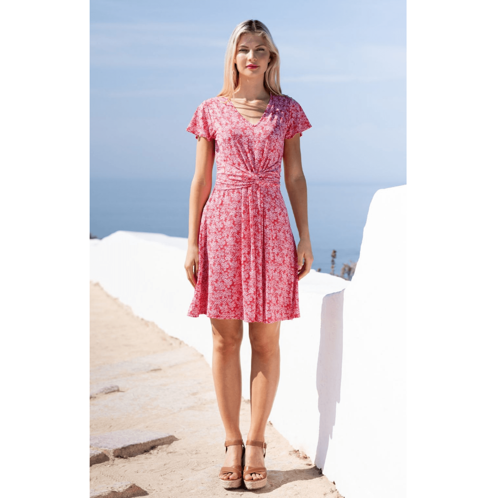 Marble Fashions Floral Jersey Short Dress With Knot Front Red/White 109