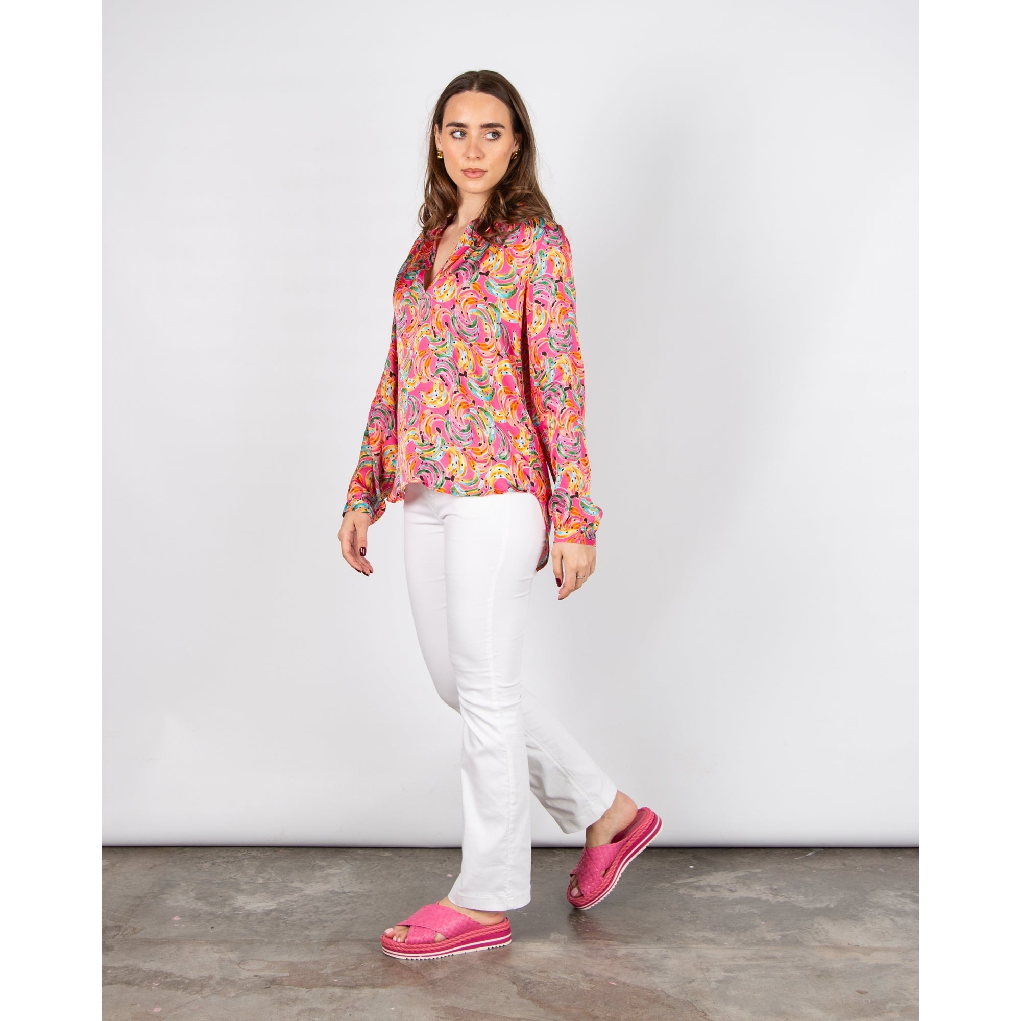 Primrose Park Sandy Banana Print Collarless Split Neck Silky Blouse Bananas Pink