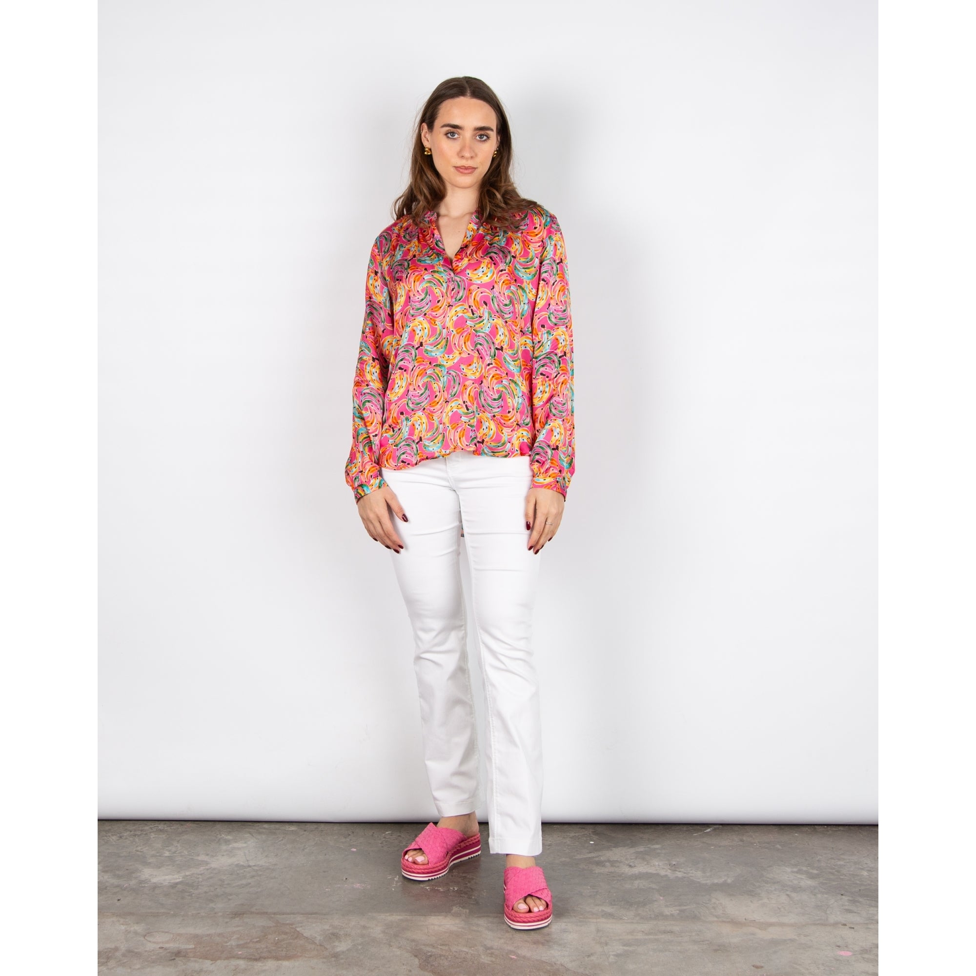 Primrose Park Sandy Banana Print Collarless Split Neck Silky Blouse Bananas Pink