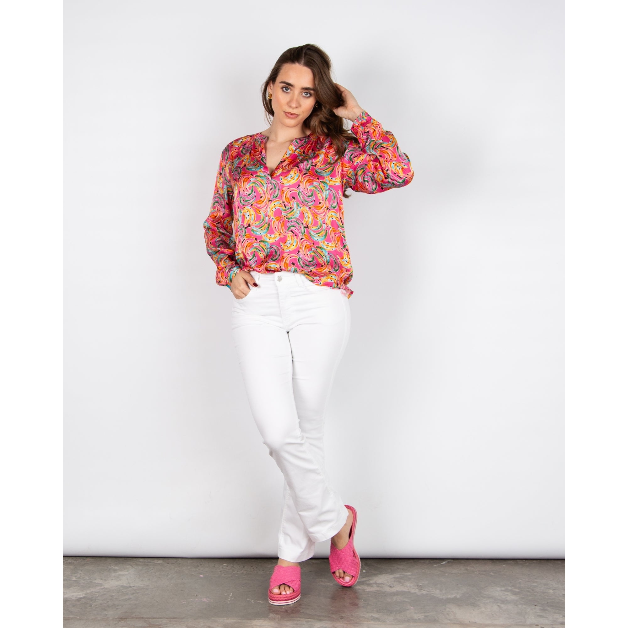 Primrose Park Sandy Banana Print Collarless Split Neck Silky Blouse Bananas Pink