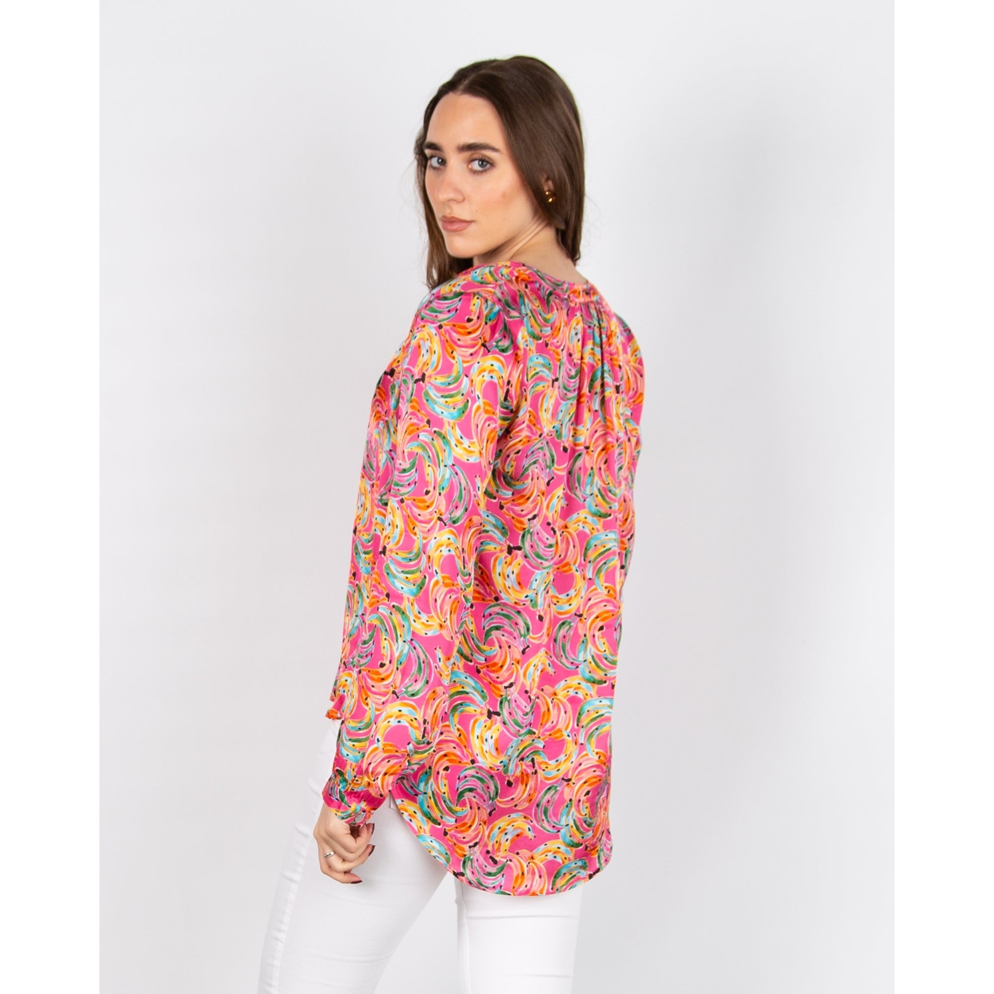 Primrose Park Sandy Banana Print Collarless Split Neck Silky Blouse Bananas Pink