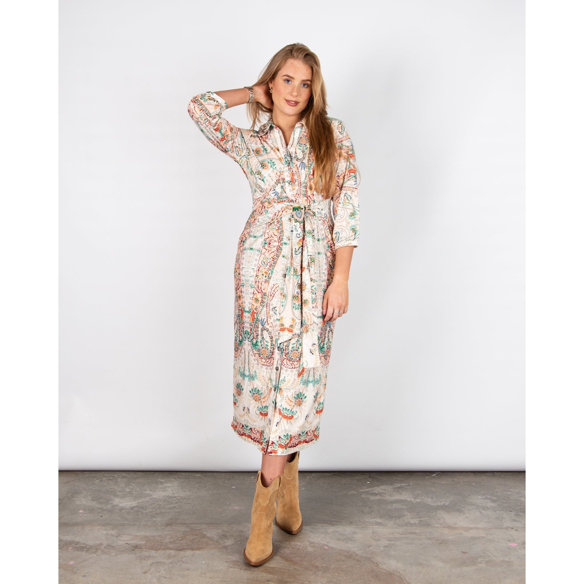 K Design Multi Floral Tie Side Jersey Shirt Dress Green/red