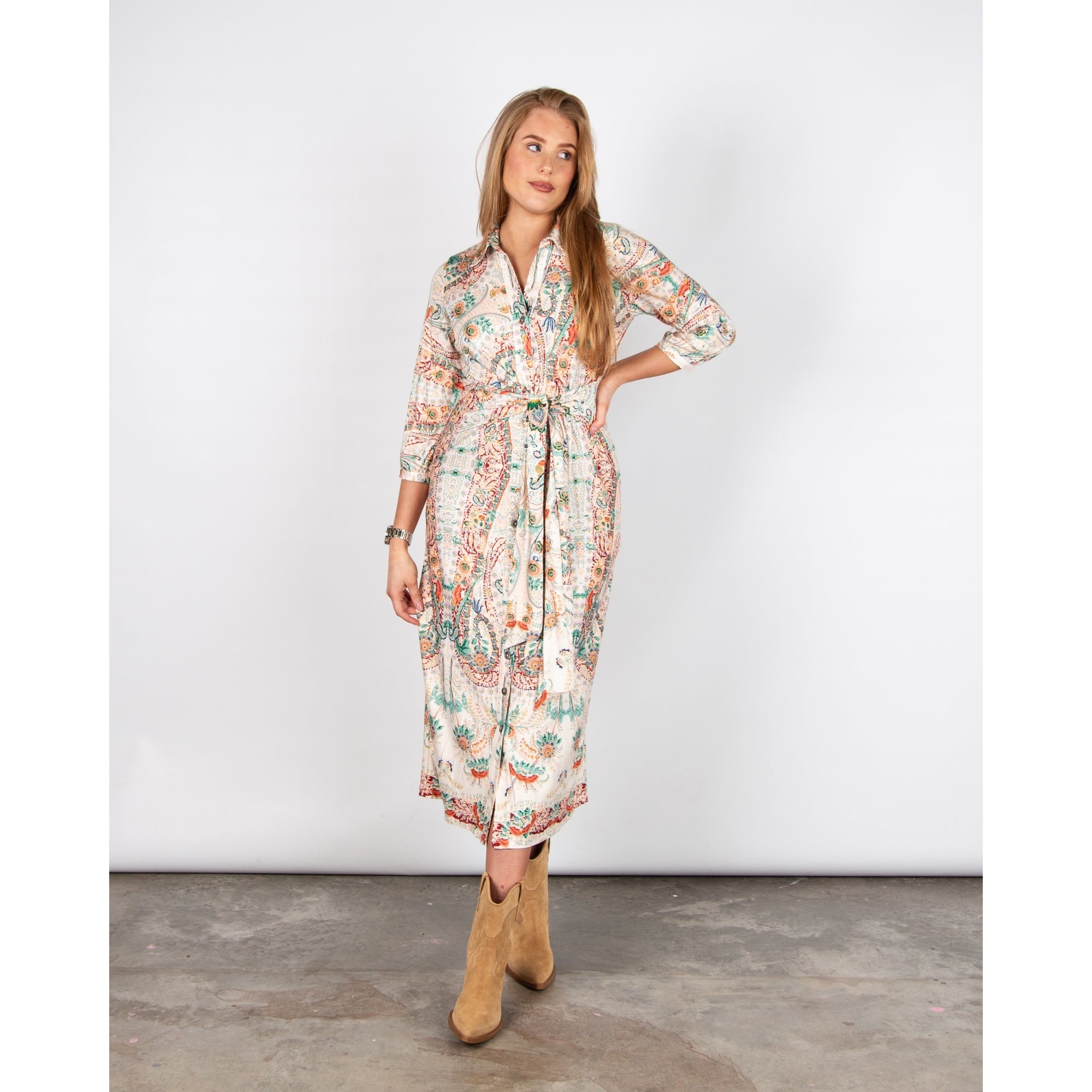 K Design Multi Floral Tie Side Jersey Shirt Dress Green/red