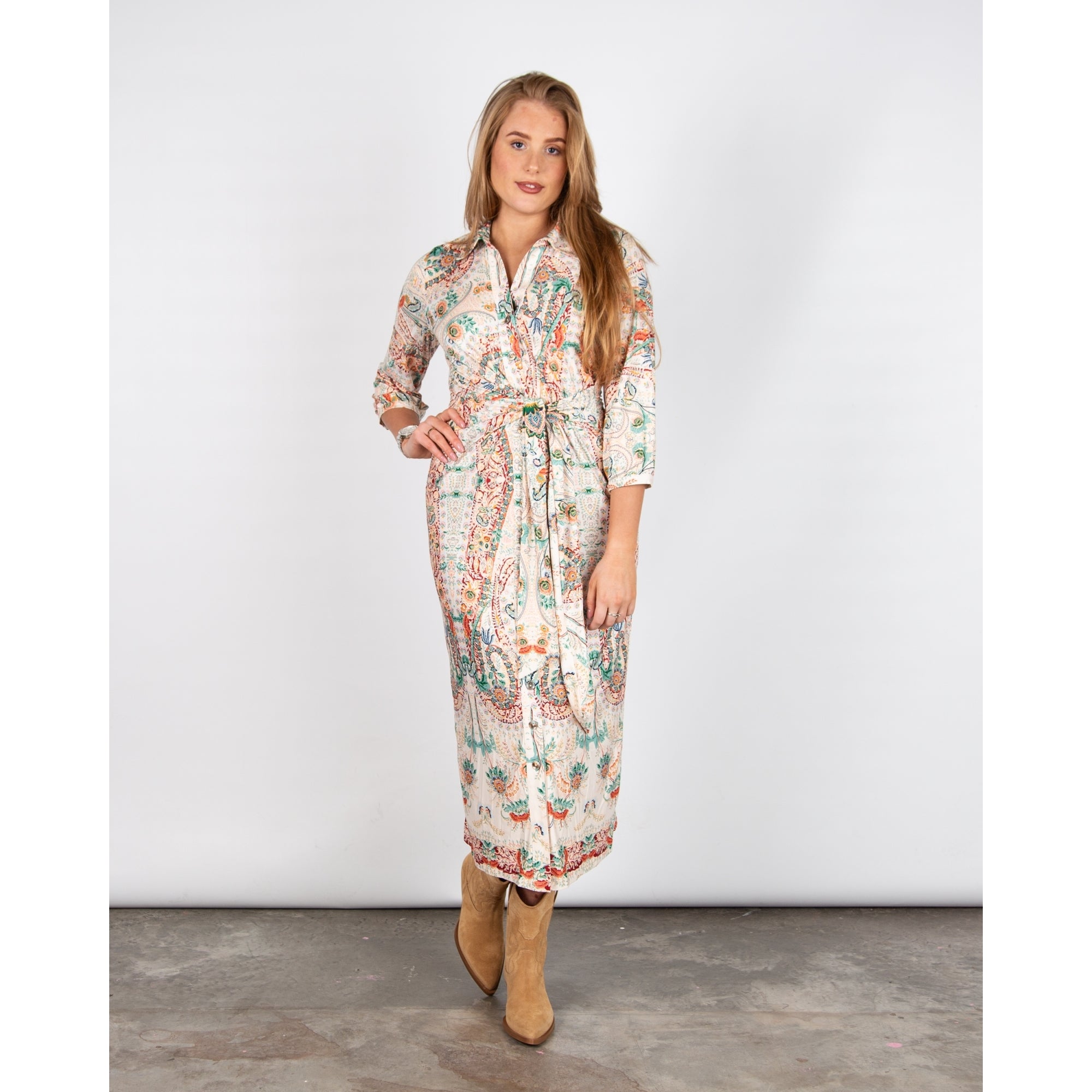 K Design Multi Floral Tie Side Jersey Shirt Dress Green/red