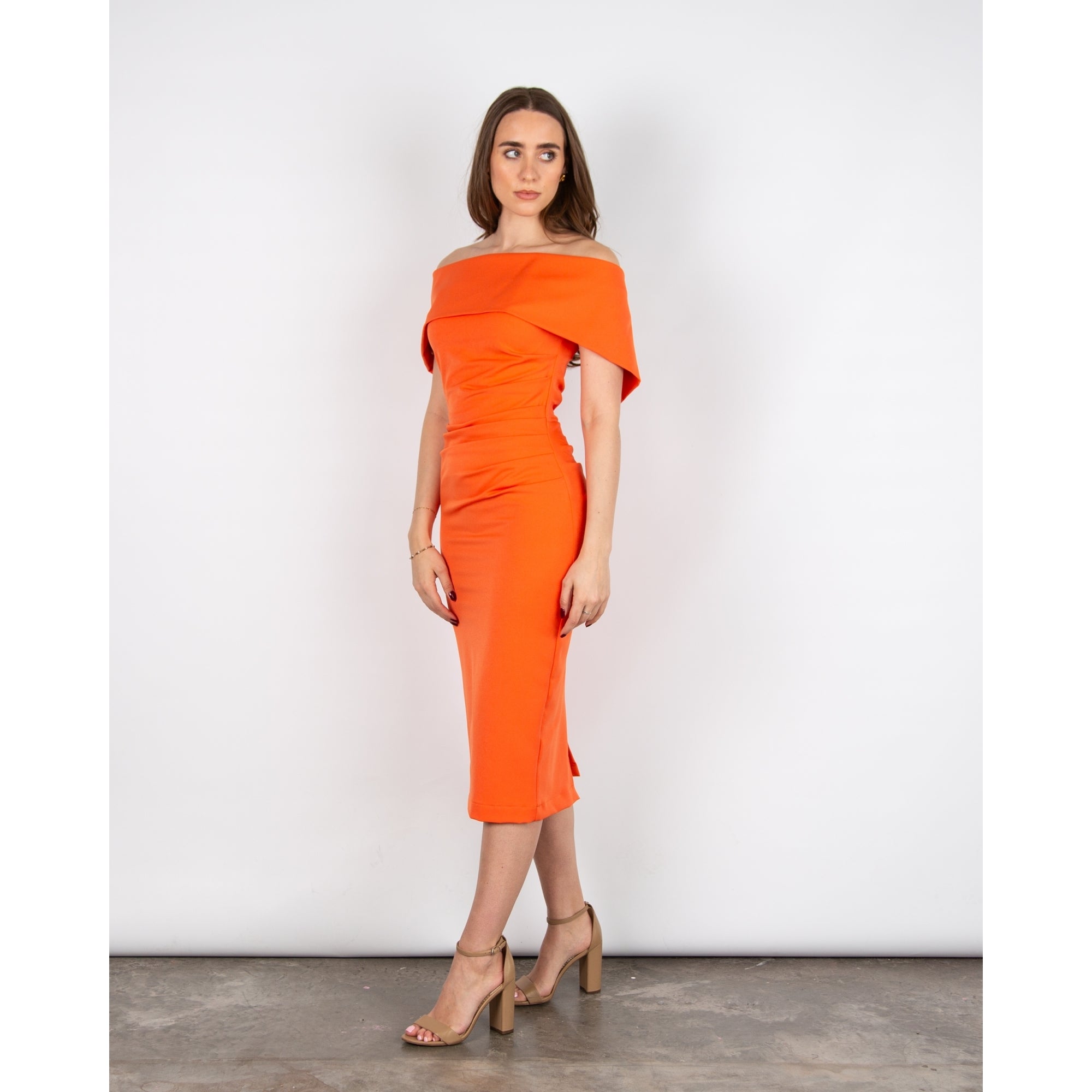 Kevan Jon Kyoto Bardot Ruched Waist Zip Back Fitted Dress Orange