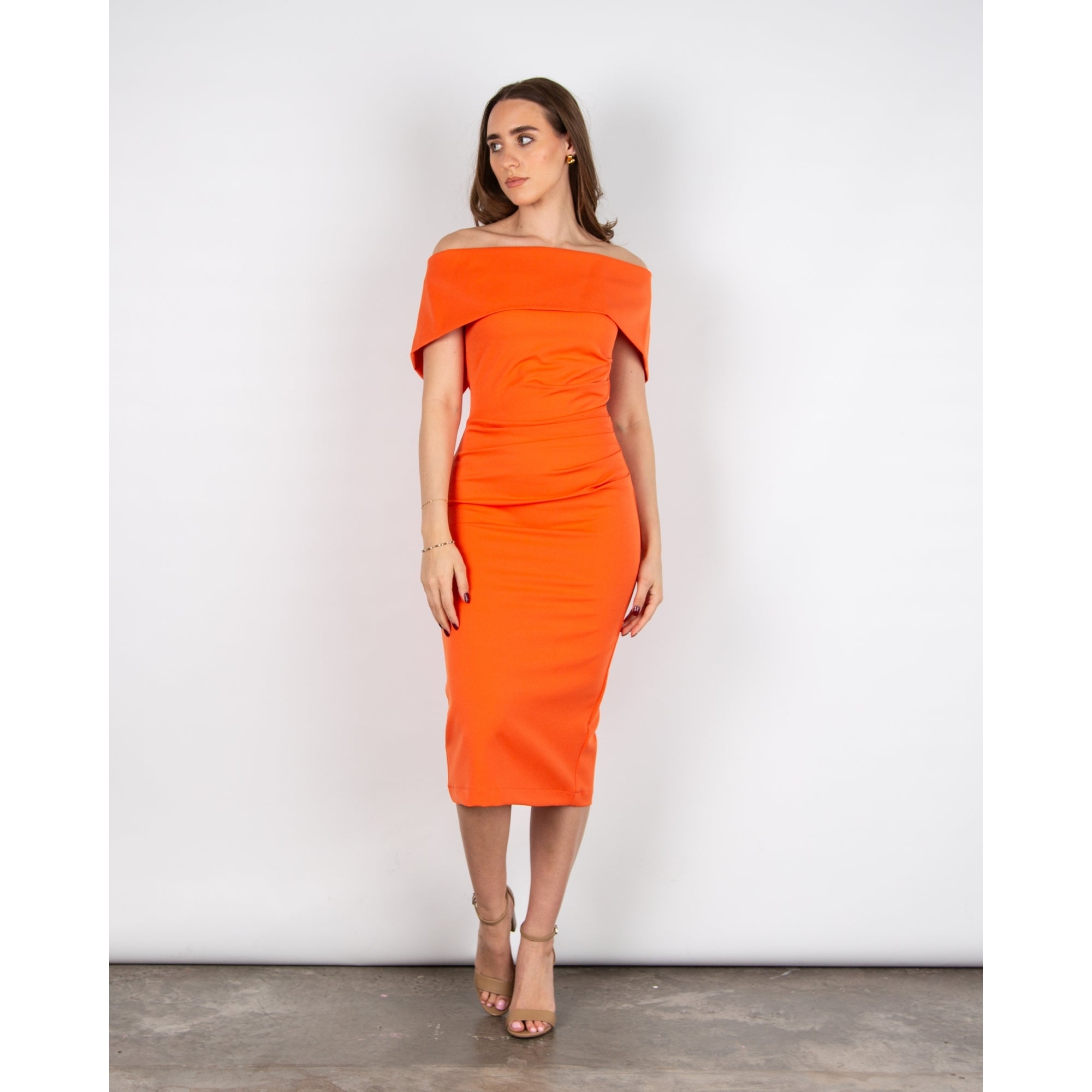 Kevan Jon Kyoto Bardot Ruched Waist Zip Back Fitted Dress Orange