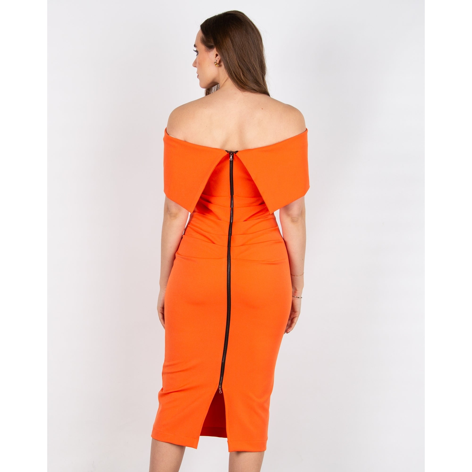 Kevan Jon Kyoto Bardot Ruched Waist Zip Back Fitted Dress Orange