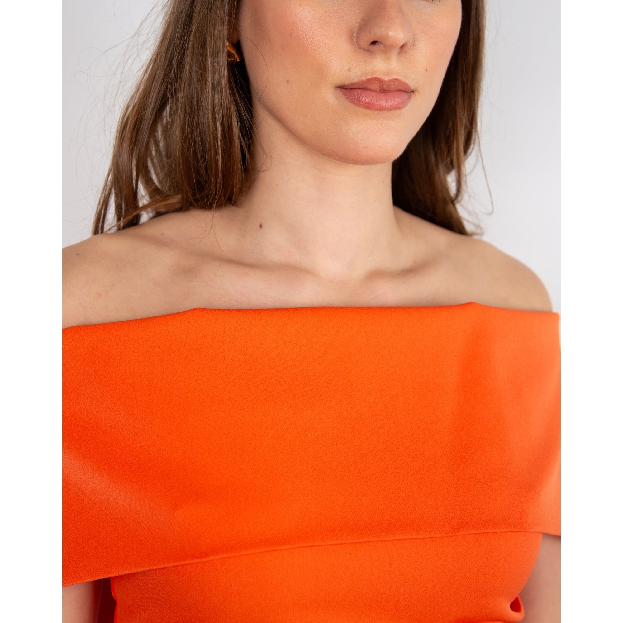 Kevan Jon Kyoto Bardot Ruched Waist Zip Back Fitted Dress Orange