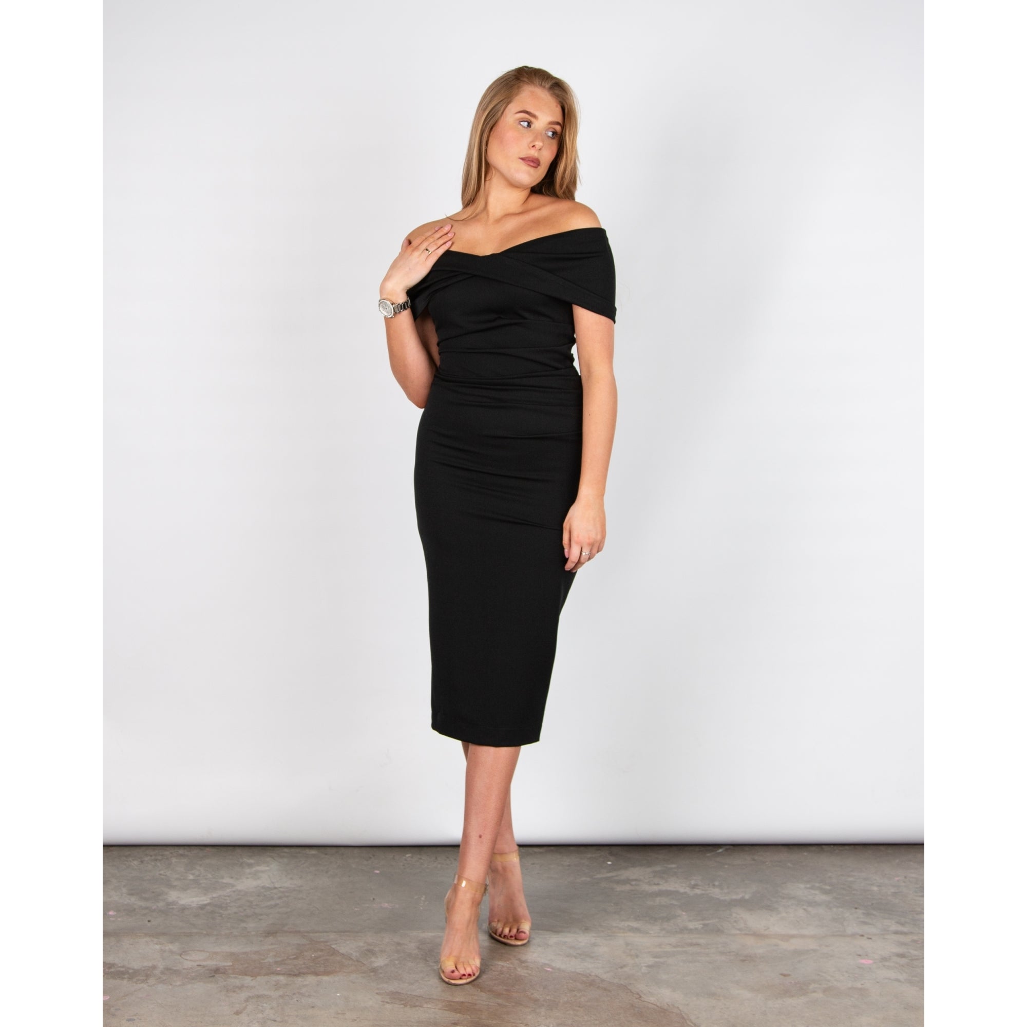 Kevan Jon Kacey Bardot Twist Front Fitted Scuba Dress Black
