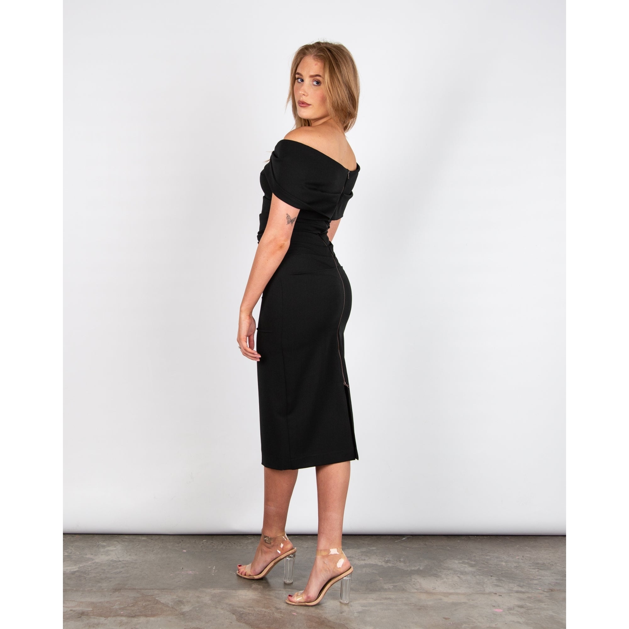 Kevan Jon Kacey Bardot Twist Front Fitted Scuba Dress Black
