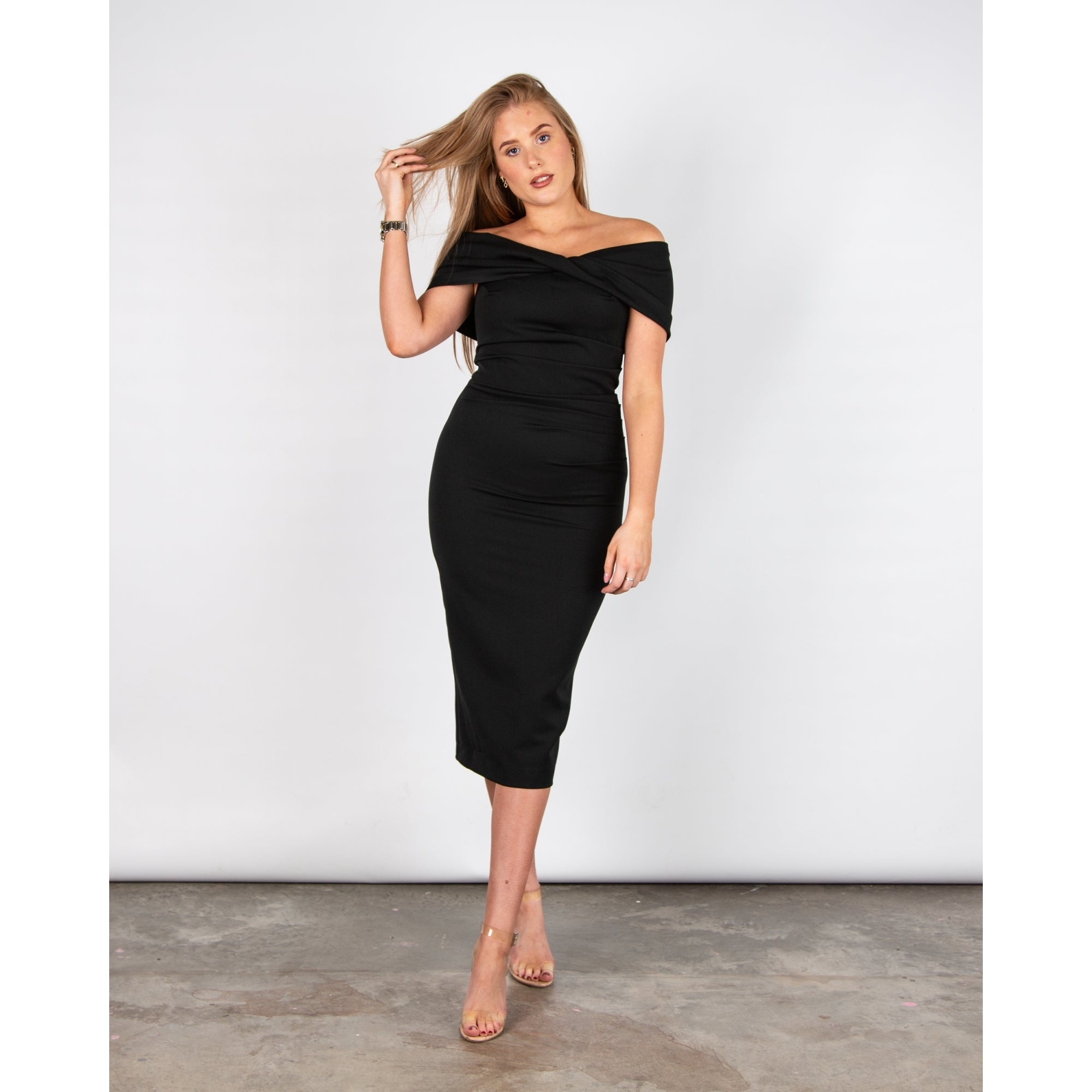 Kevan Jon Kacey Bardot Twist Front Fitted Scuba Dress Black