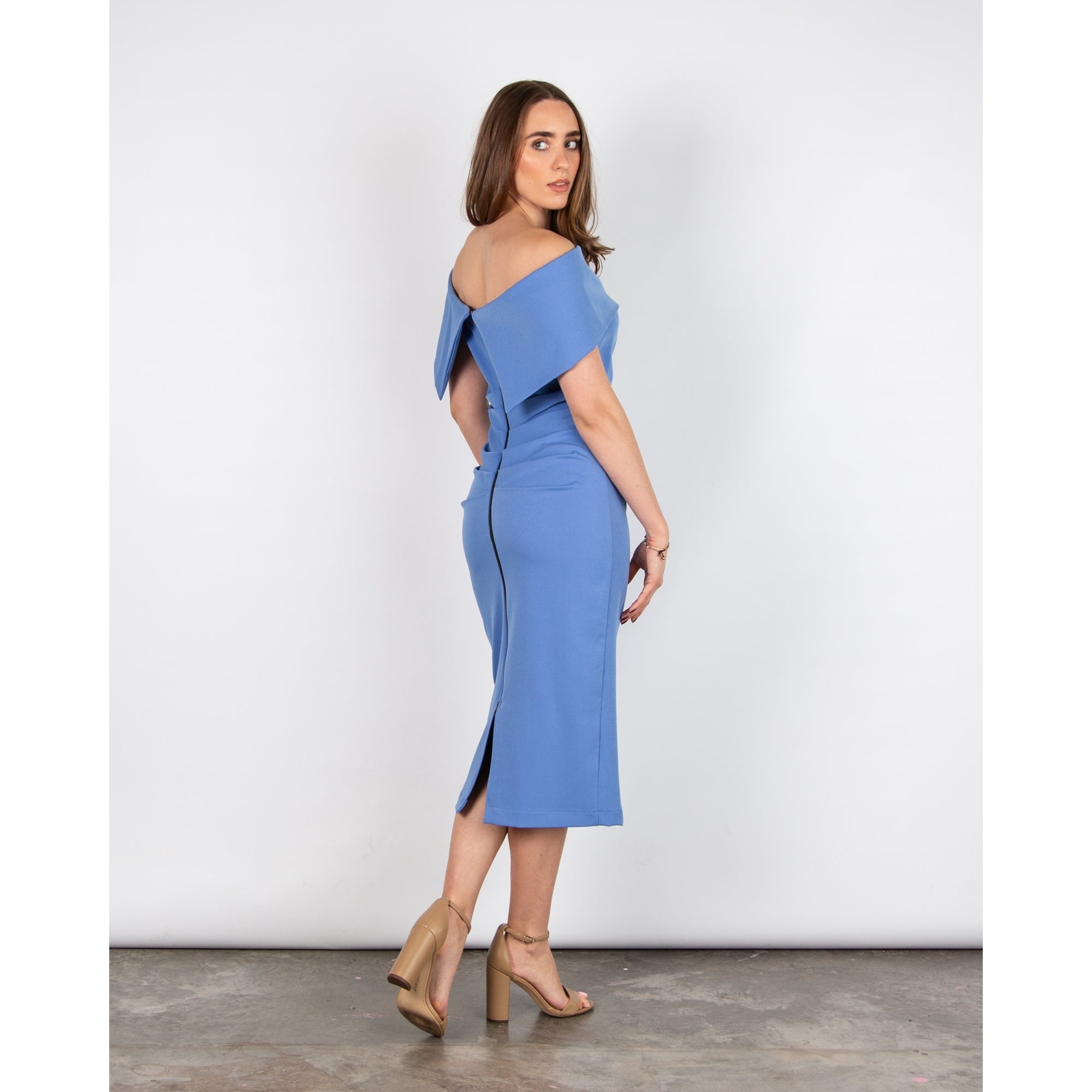 Kevan Jon Kyoto Ruched Side Off The Shoulder Fitted Dress Cornflower Blue