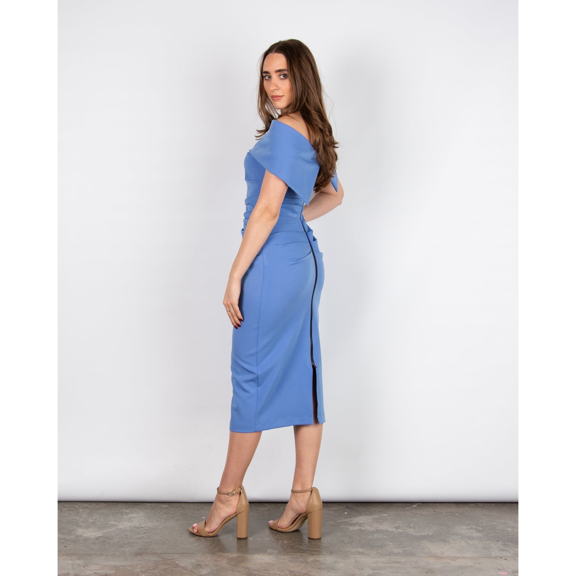 Kevan Jon Kyoto Ruched Side Off The Shoulder Fitted Dress Cornflower Blue