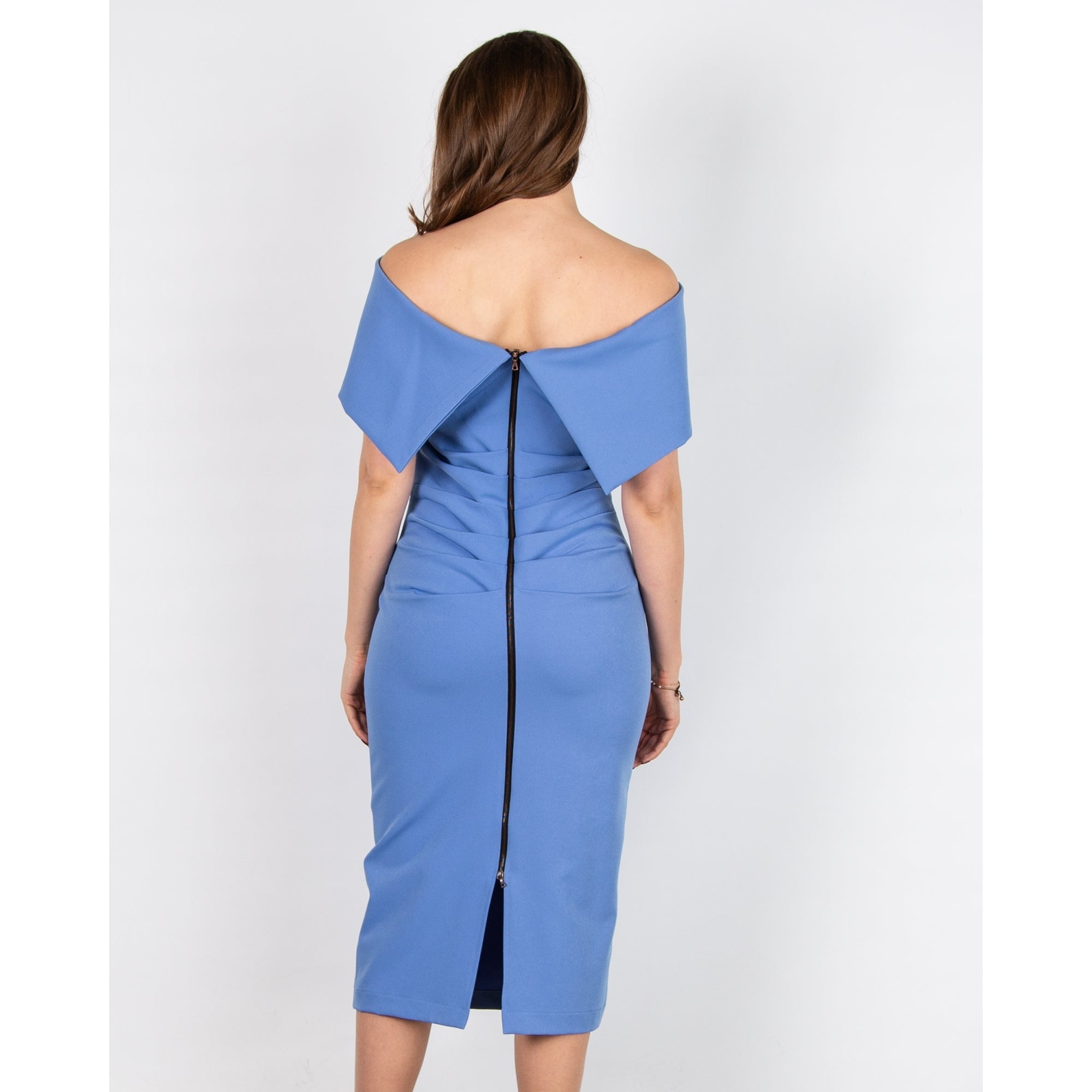 Kevan Jon Kyoto Ruched Side Off The Shoulder Fitted Dress Cornflower Blue