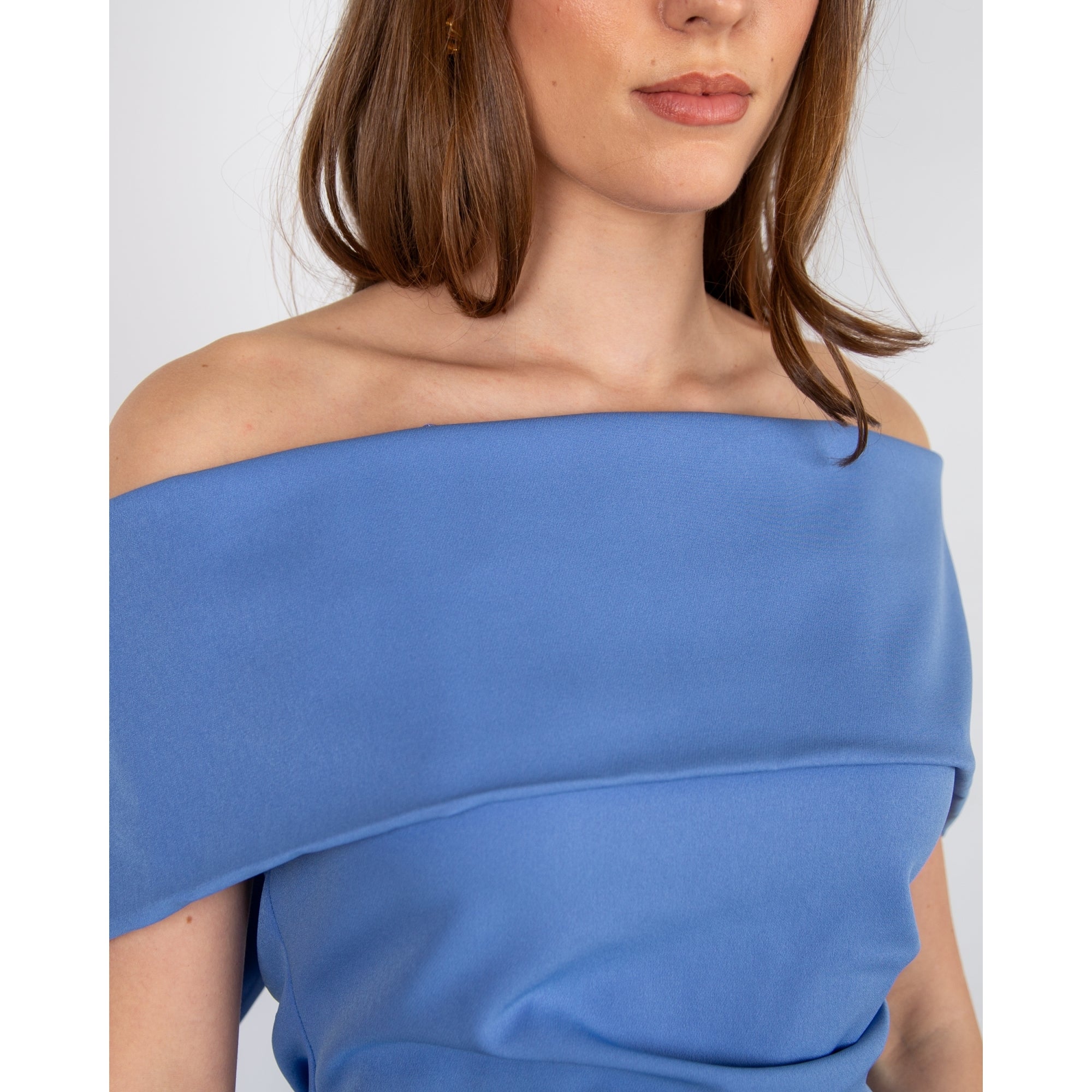 Kevan Jon Kyoto Ruched Side Off The Shoulder Fitted Dress Cornflower Blue