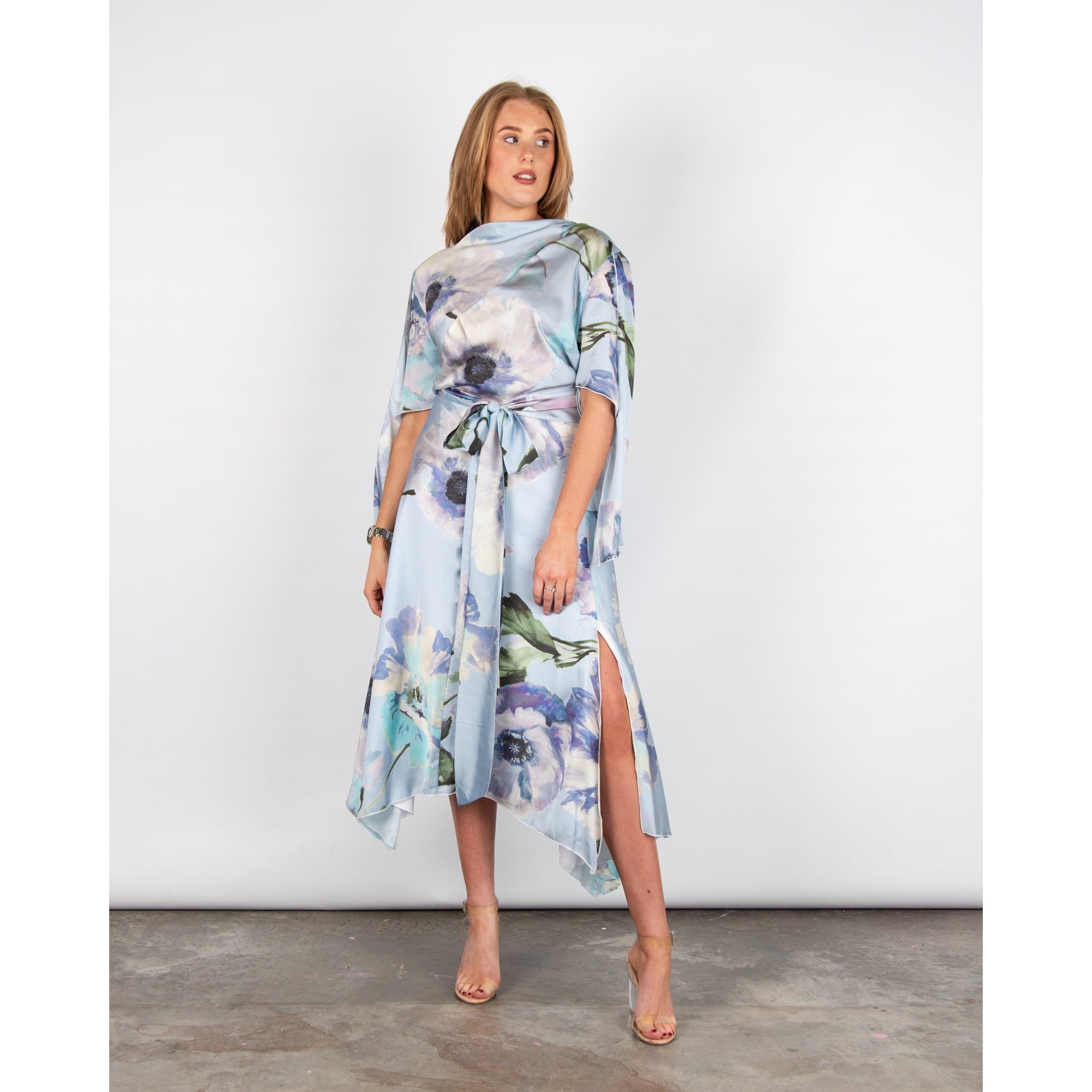 Kevan Jon Como Floral Belted Handkerchief Hem Satin Dress Pastel Blue
