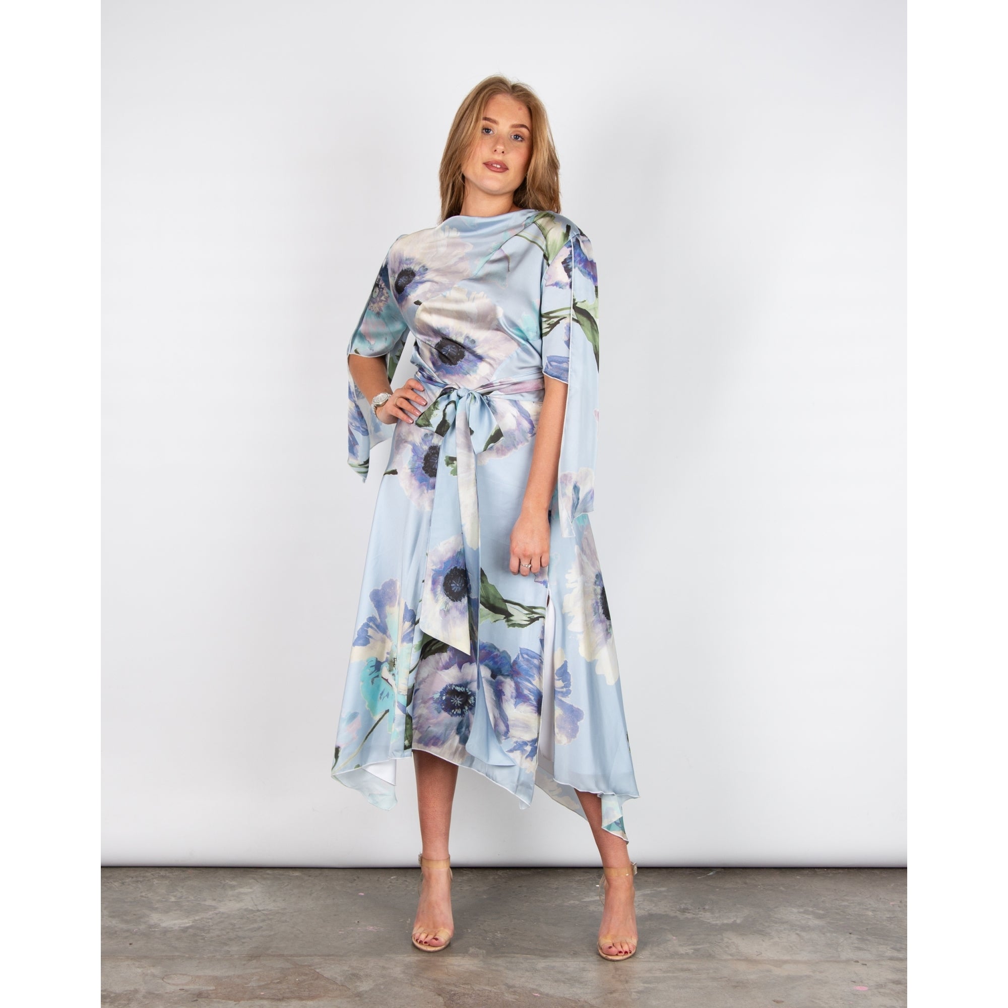 Kevan Jon Como Floral Belted Handkerchief Hem Satin Dress Pastel Blue