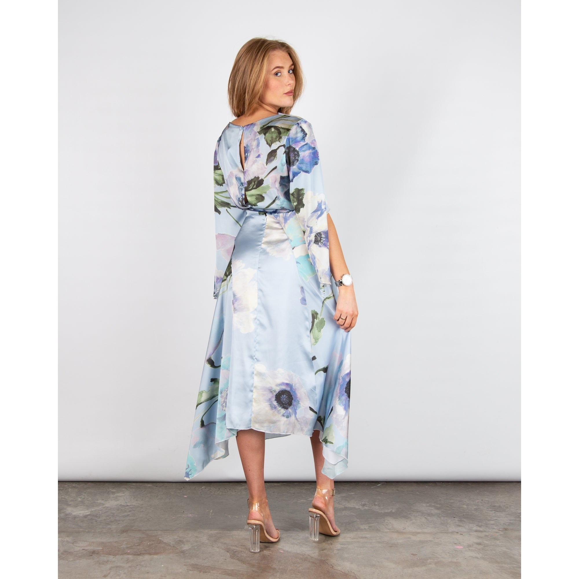 Kevan Jon Como Floral Belted Handkerchief Hem Satin Dress Pastel Blue