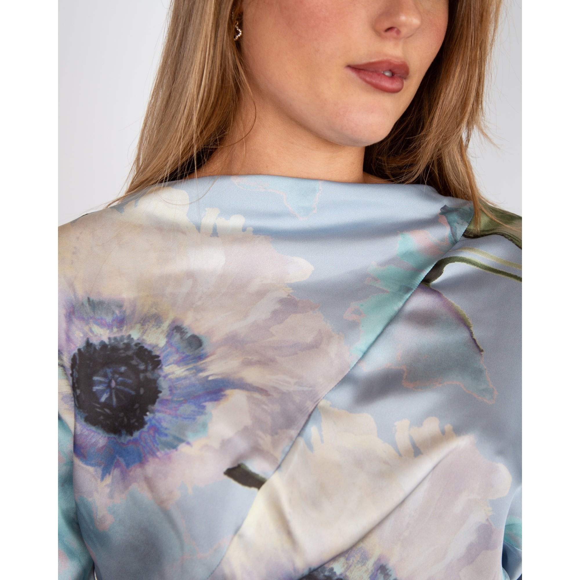 Kevan Jon Como Floral Belted Handkerchief Hem Satin Dress Pastel Blue