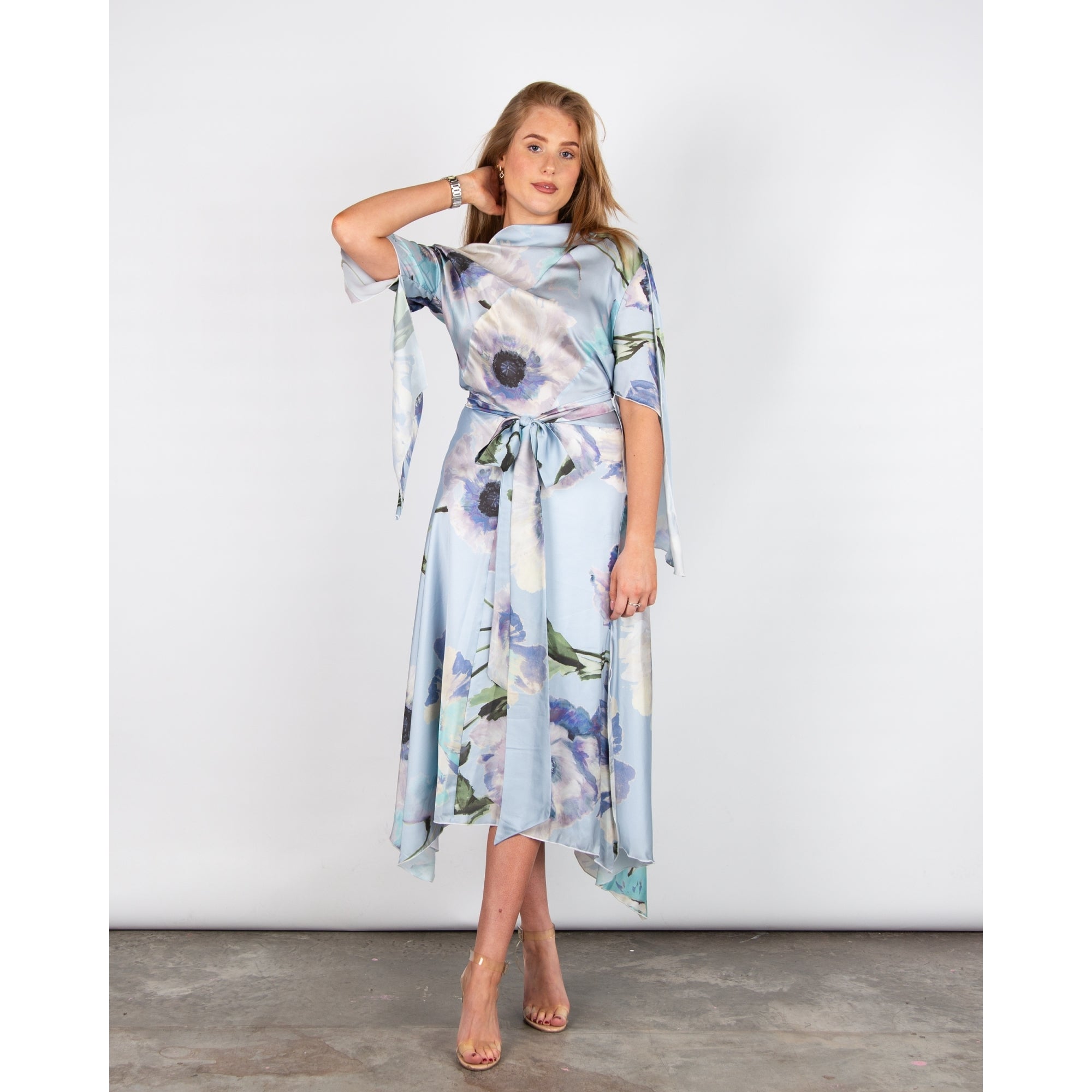 Kevan Jon Como Floral Belted Handkerchief Hem Satin Dress Pastel Blue