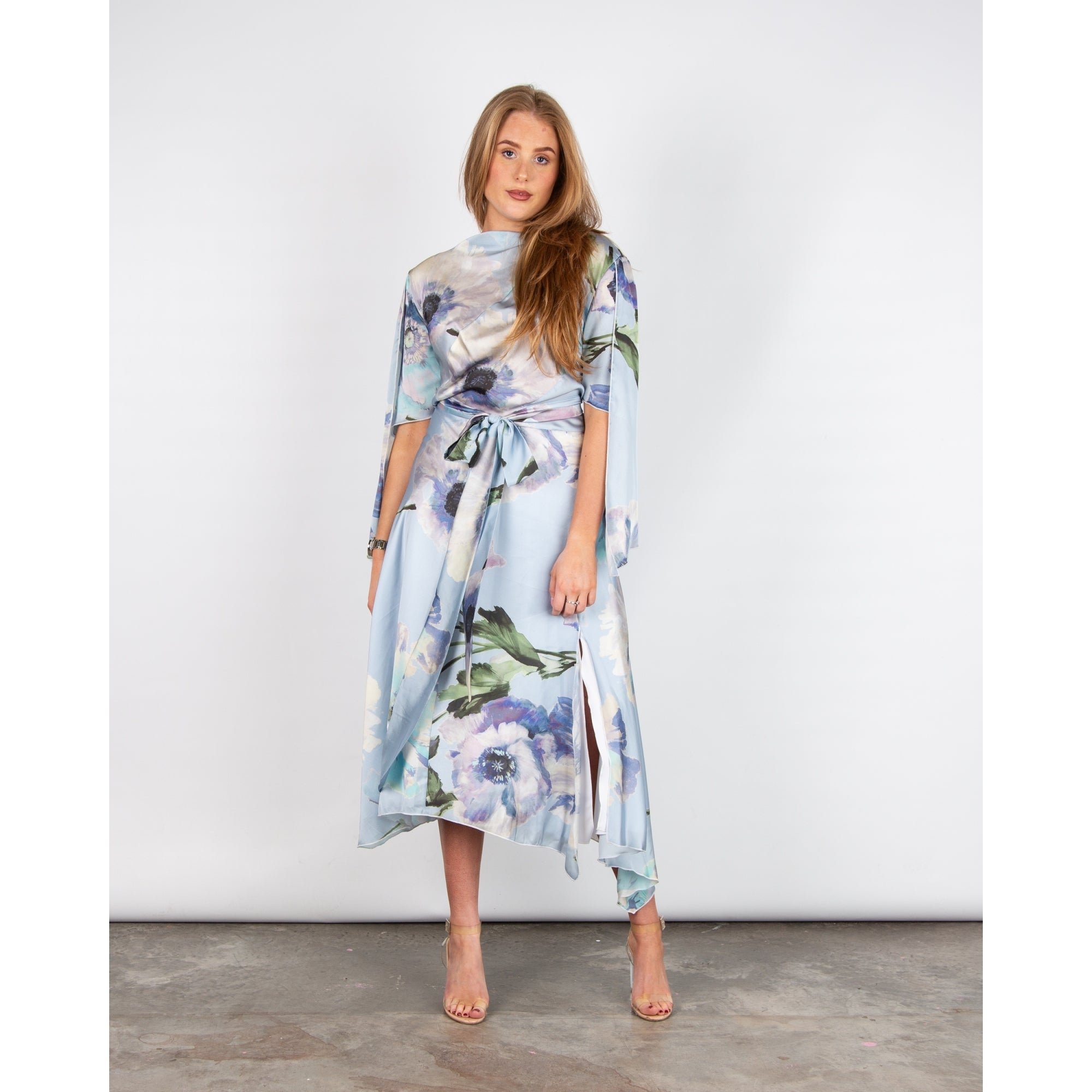 Kevan Jon Como Floral Belted Handkerchief Hem Satin Dress Pastel Blue