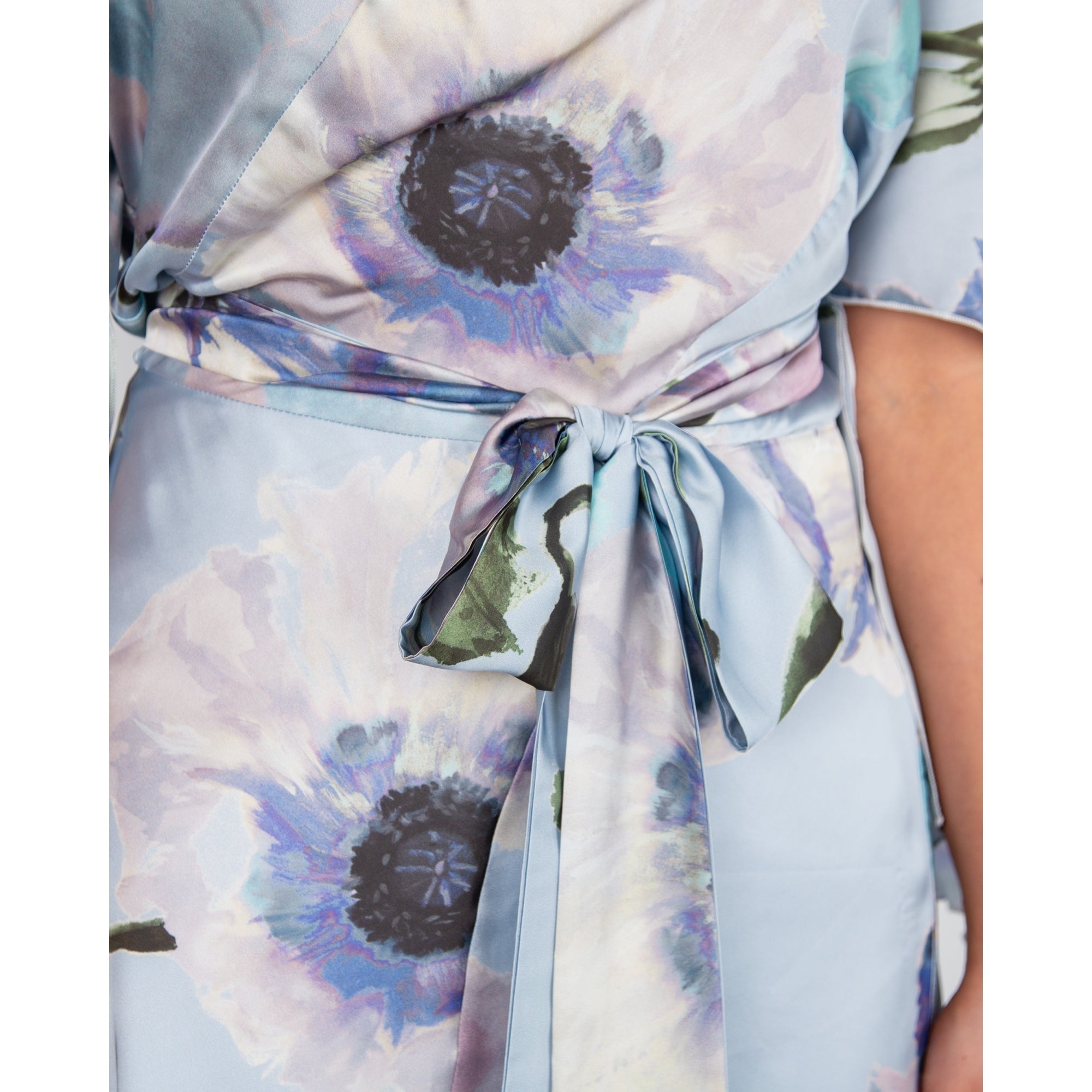 Kevan Jon Como Floral Belted Handkerchief Hem Satin Dress Pastel Blue