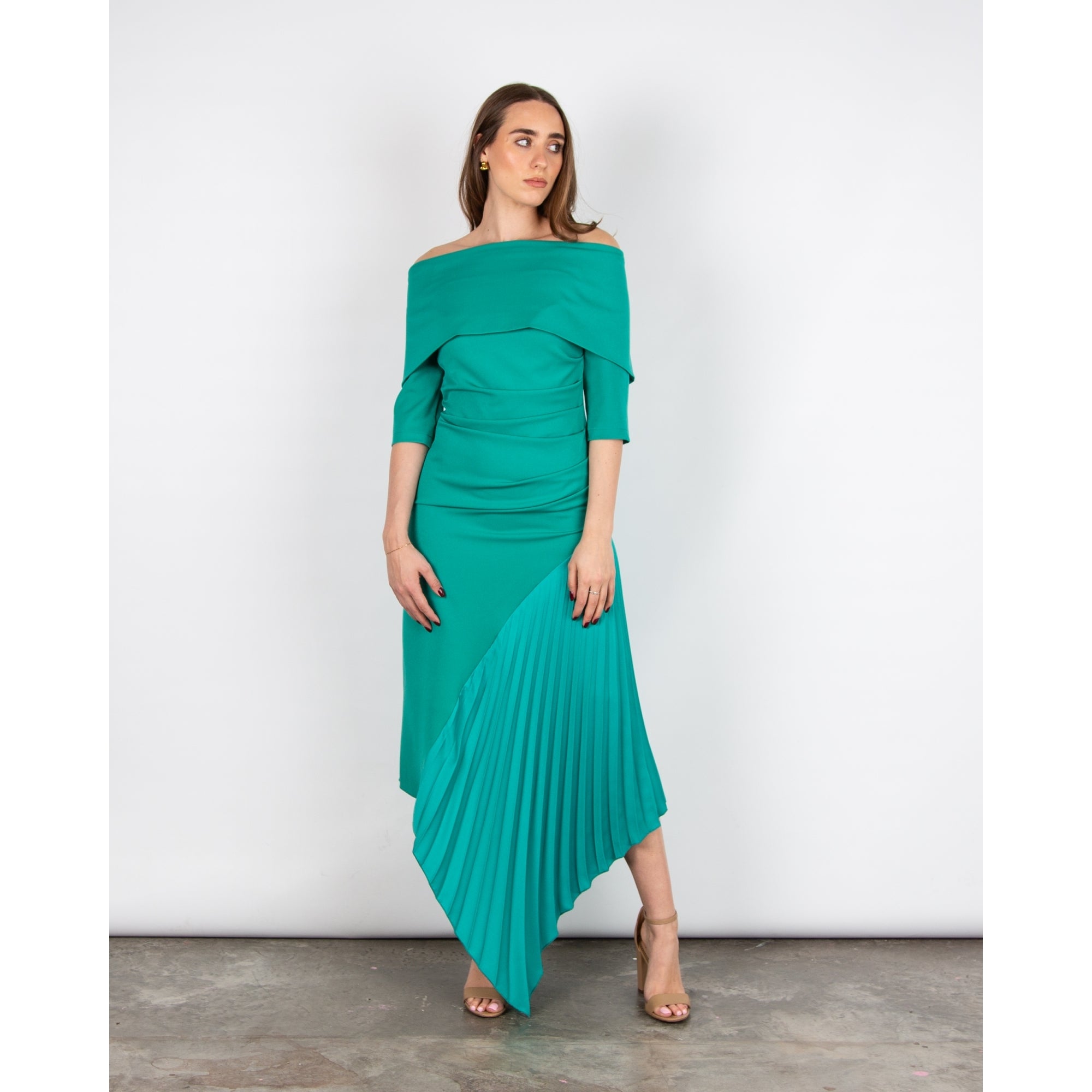 Kevan Jon Kiera Bardot 3/4 Sleeve Ruched Waist Pleat Hem Dress Peacock –  SisterOnlinestore