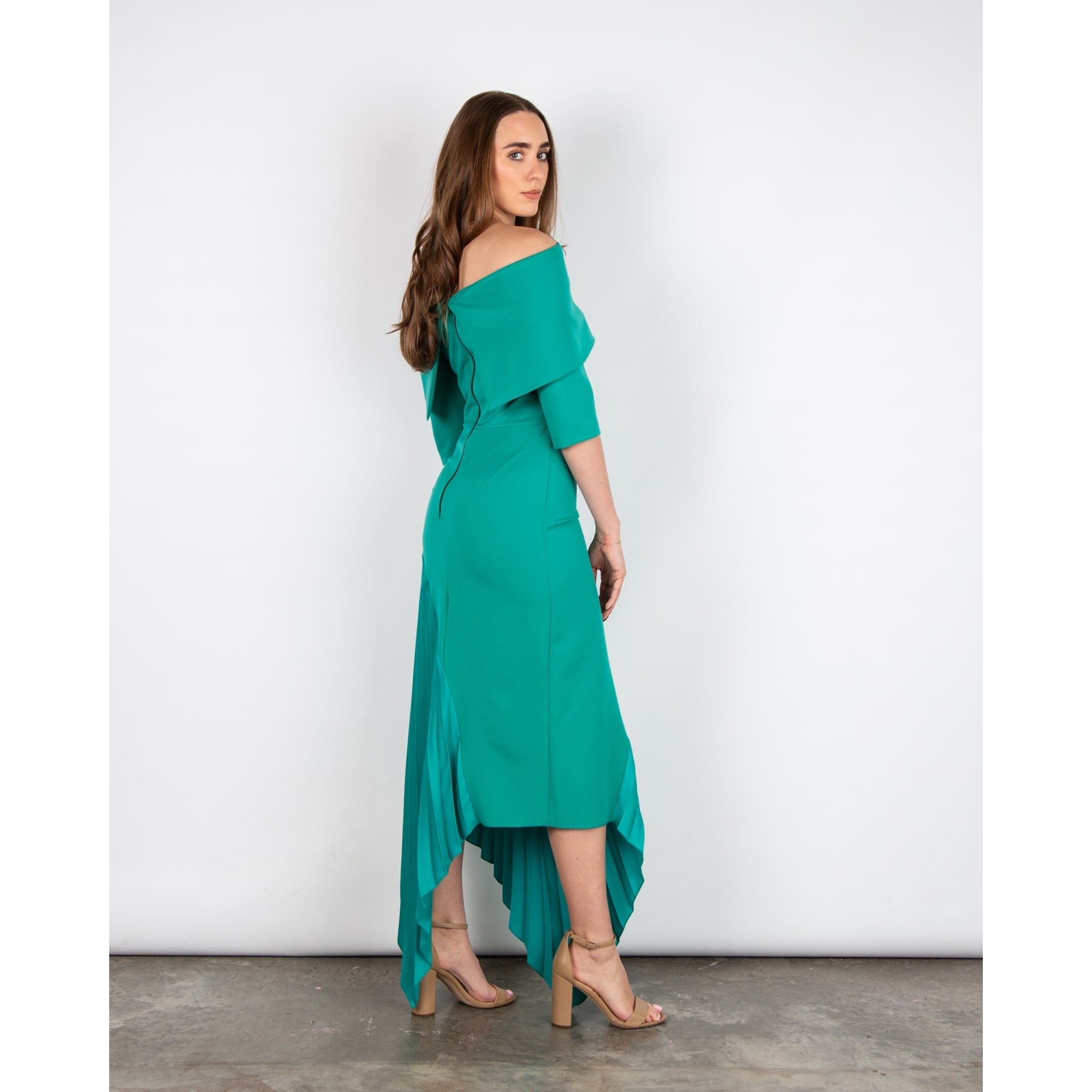 Kevan Jon Kiera Bardot 3/4 Sleeve Ruched Waist Pleat Hem Dress Peacock